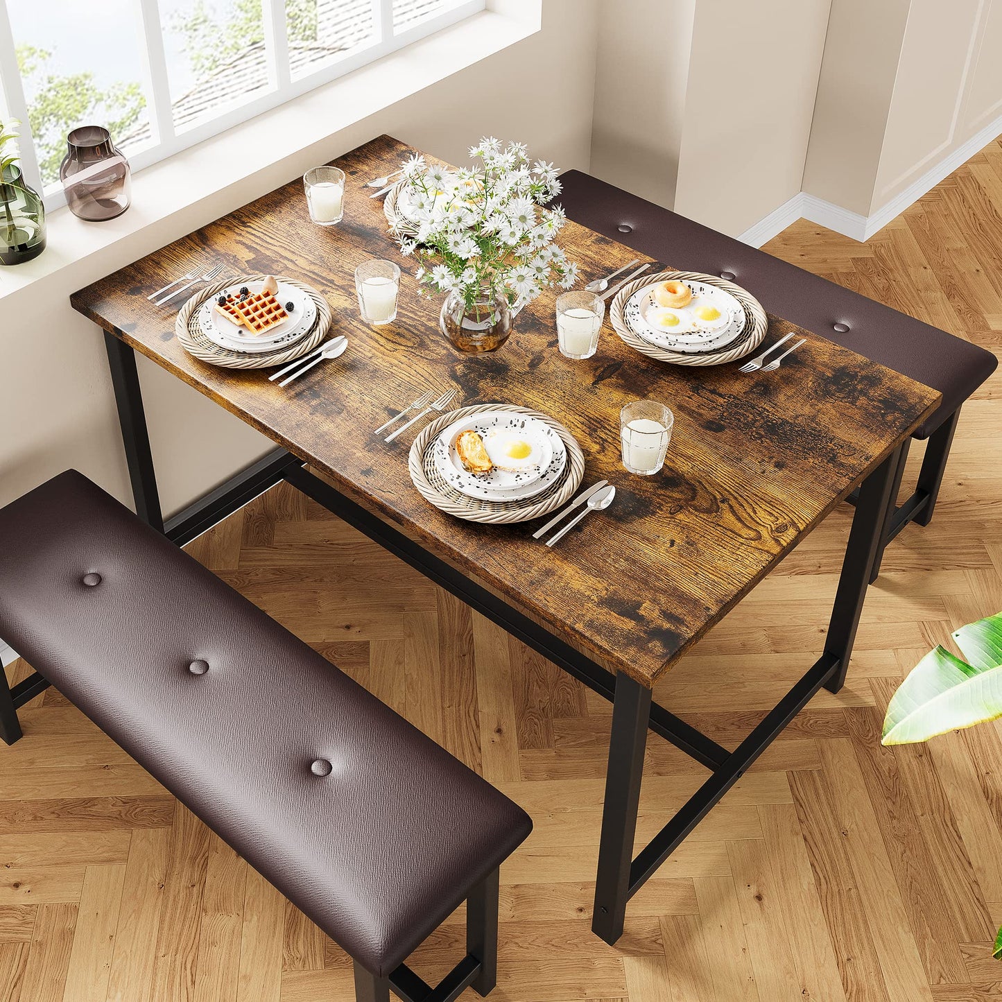GarveeHome Dining Table with 2 Benches, 3 Piece Kitchen Table Set, Space Saving Dining Room Furniture, Metal Frame