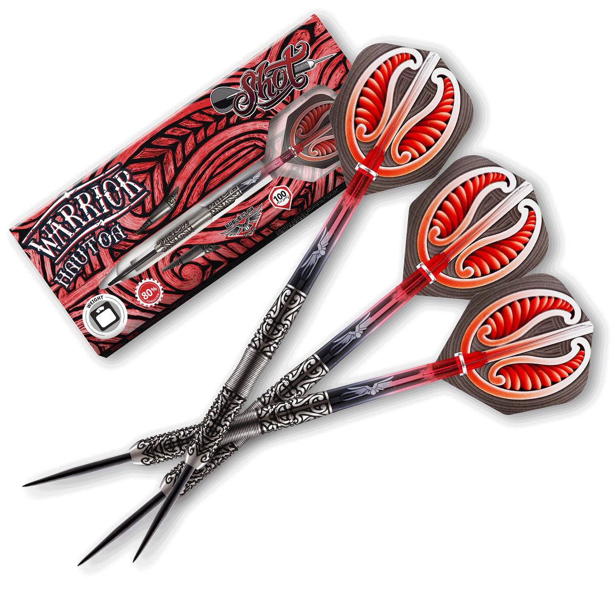 Shot! Darts Warrior Hautoa Steel Tip Dart Set Centre Weighted 80% Tungsten Barrels 26gm