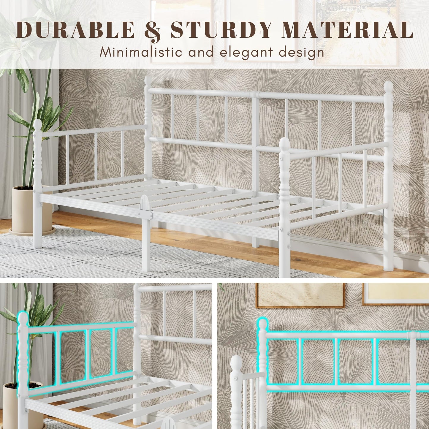 QFtime Single Metal Day Bed Frame - Day Bed Frame with Headboard and Steel Slat Support Underbed Storage Easy Assembly, Noise Free White