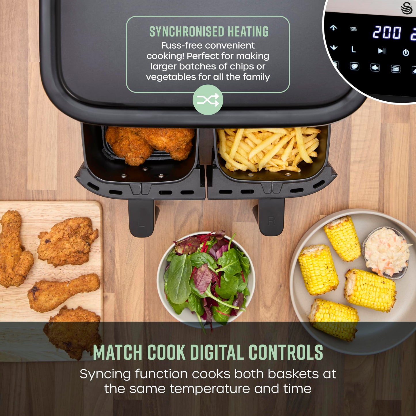 Swan SD10518BLK Dual Basket Digital Air Fryer with Swan Cyclone Technology, 8 Pre-Set Cooking Options, Adjustable Temperature, 7.6L, 2850W, Black