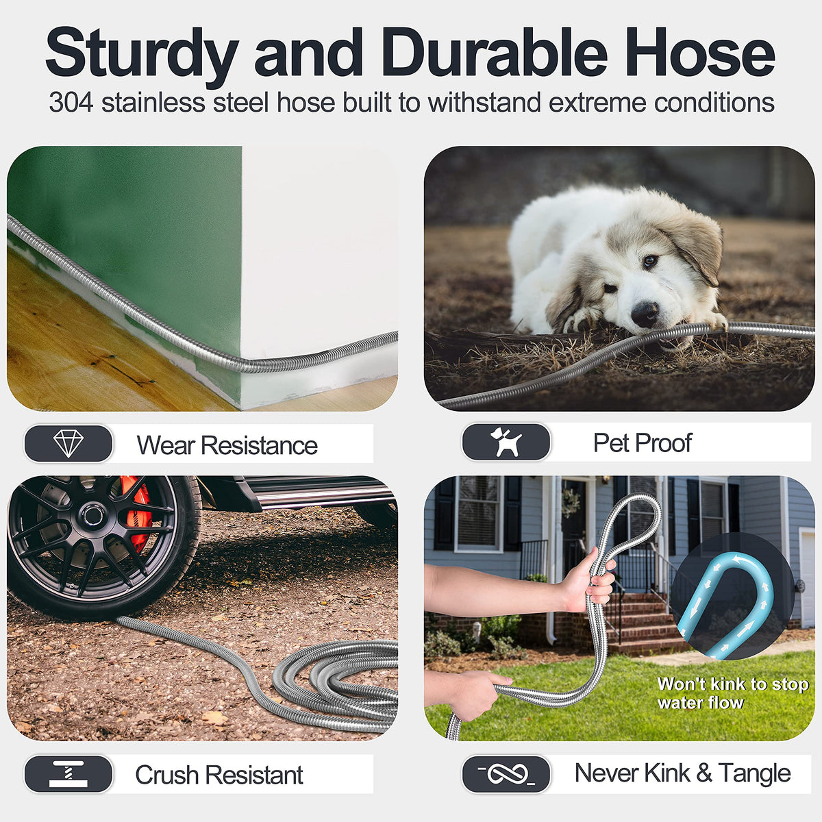 SPECILITE 50ft 304 Stainless Steel Garden Hose, Heavy Duty Flexible Metal Water Pipe with 2 Nozzles for Yard, Outdoor,No Kink and Tangle,Puncture
