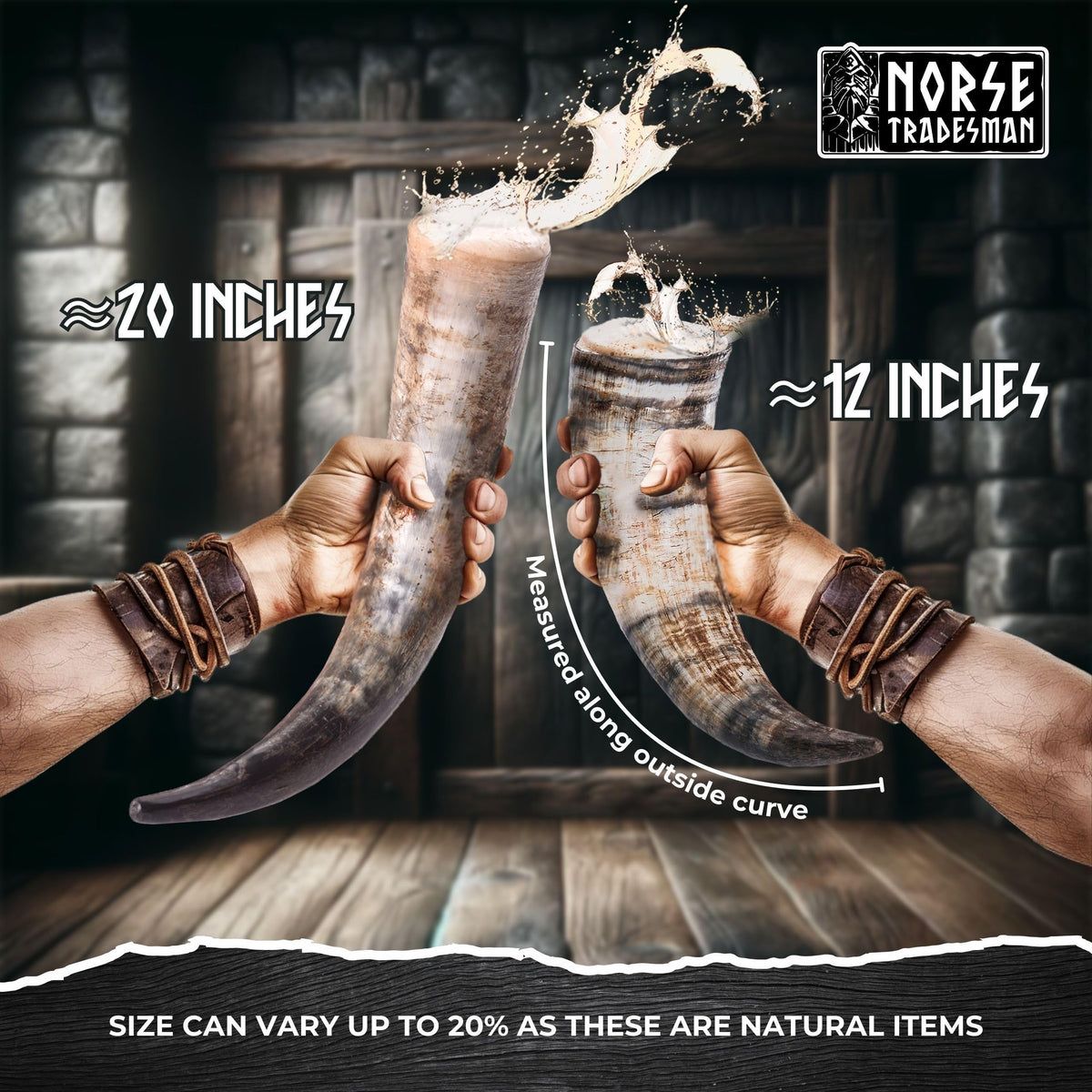 Norse Tradesman Genuine 50 cm Ox-Horn Viking Drinking Horn with Brown Leather Holster, Horn Stand & Brass Wolf Adornments | Burlap Gift Sack Included