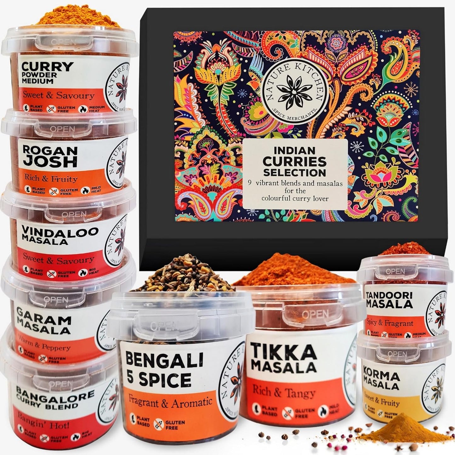 ndian Curry Powder Masala Gourmet Spice Seasoning Selection Mix Gift Set Kit. 9x Gluten-Free Herbs and Spices For Cooking Recipes. Including Blends For Vindaloo, Korma and More
