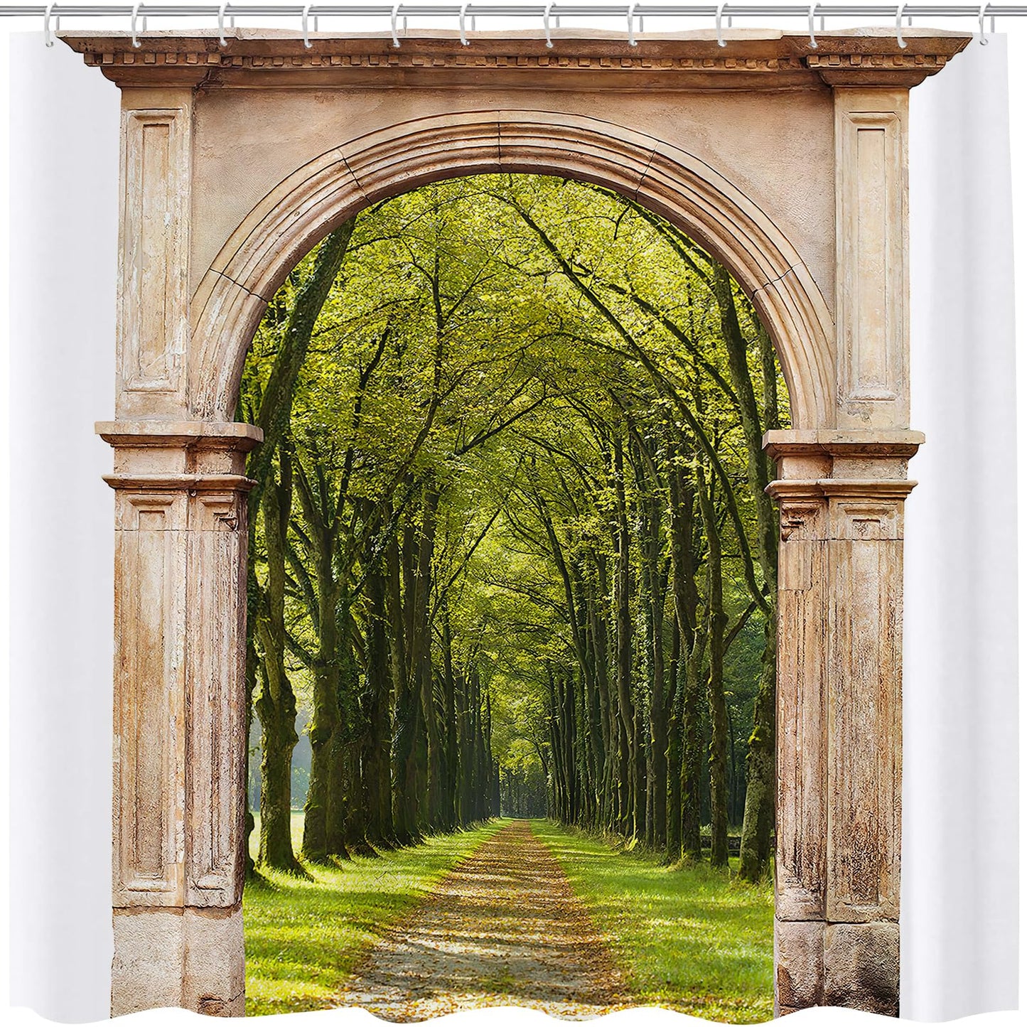 GOOESING Europe Decor Shower Curtain Rustic Doorway Building Shower Curtain Landscape Bath Curtain with Hooks Green Park Bathroom Decor Waterproof