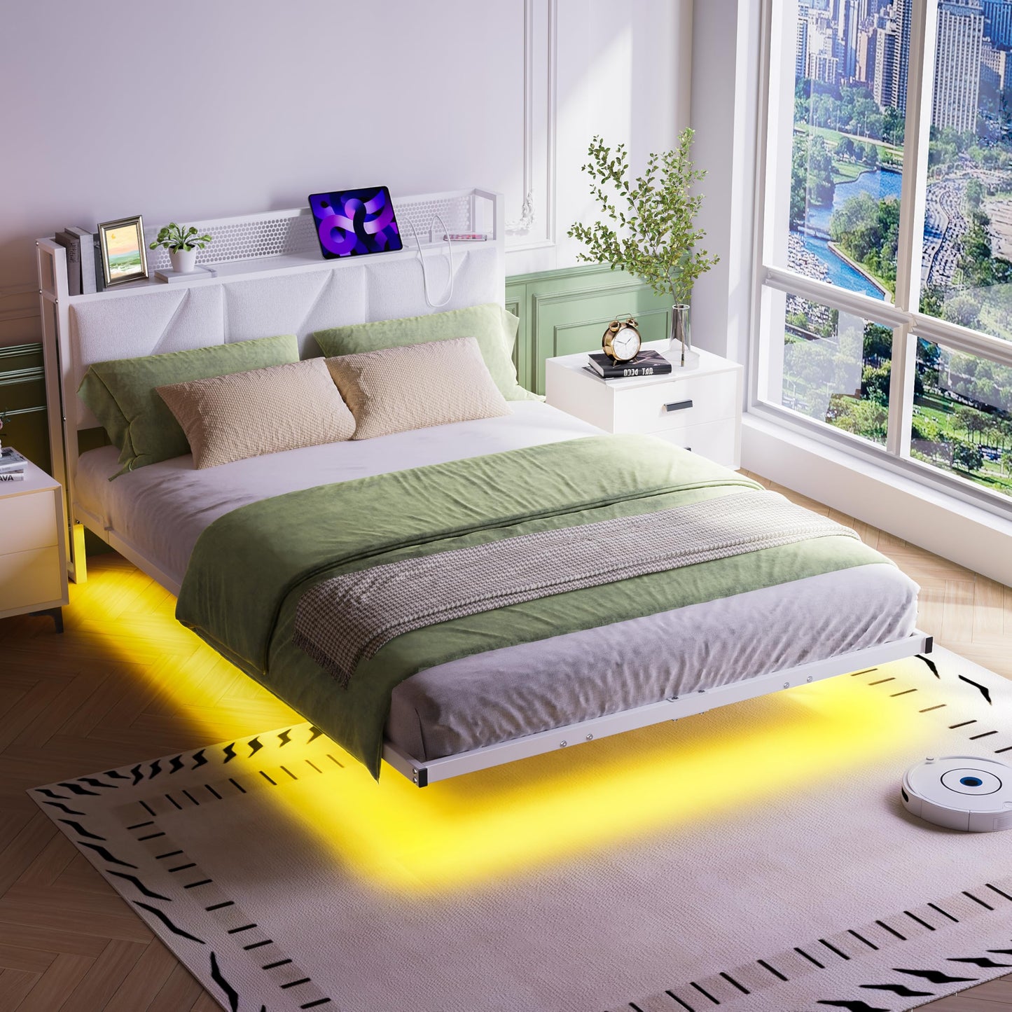 HAHRIR Floating Double Bed Frame with Upholstered Headboard Storage, White