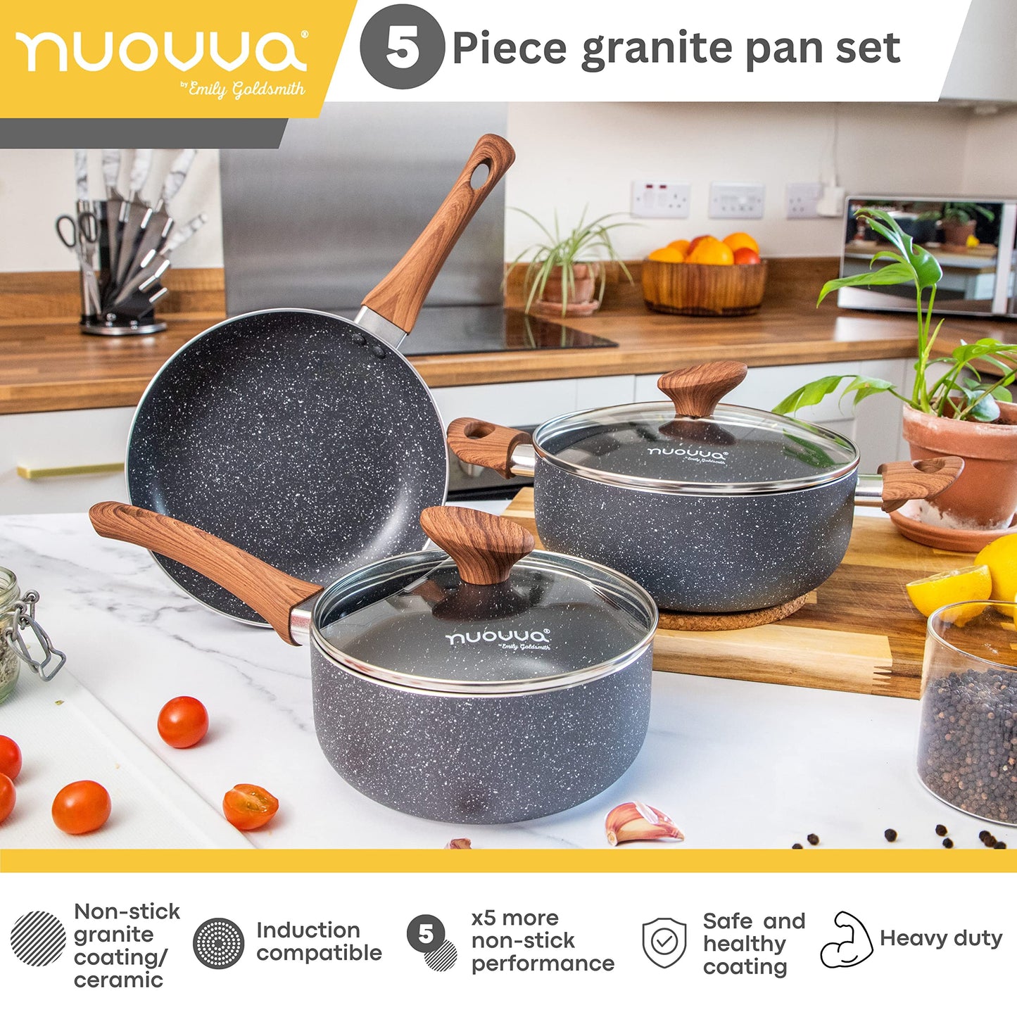 Non Stick Pots and Pans Set  Induction Hob Pots Set  5pcs Kitchen Cookware with Lids  Cooking Marble Saucepan Pots and Frying Pans  by Nuovva