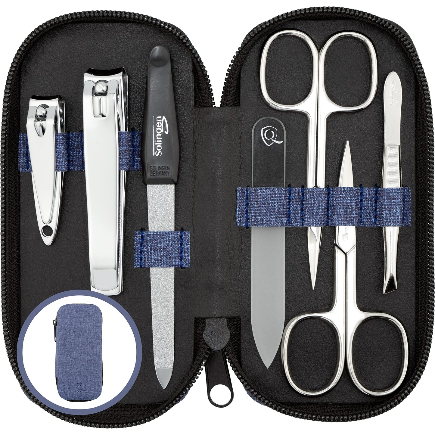 Solingen Manicure Set for Women & Men - 7-Piece Nail Kit Made in Germany with Patented Glass Nailfile - Handy and Soft Fashion Leather Case, Jeans
