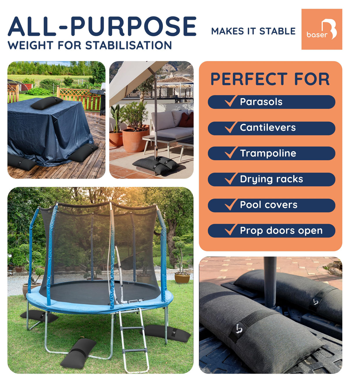 Baser - Outdoor fillable curved sandbags, 2 x 20 KG fillable weight bags for parasols, cantilevers and garden accessories