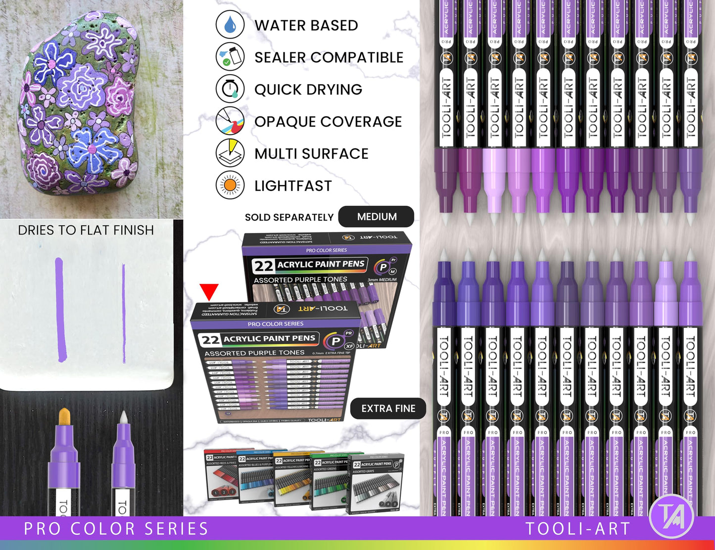 Acrylic Paint Pens 22 Purple Tones Assorted Pro Colour Series Markers Set 0.7mm Extra Fine Tip for Rock Painting, Glass, Mugs, Wood, Metal, Canvas,