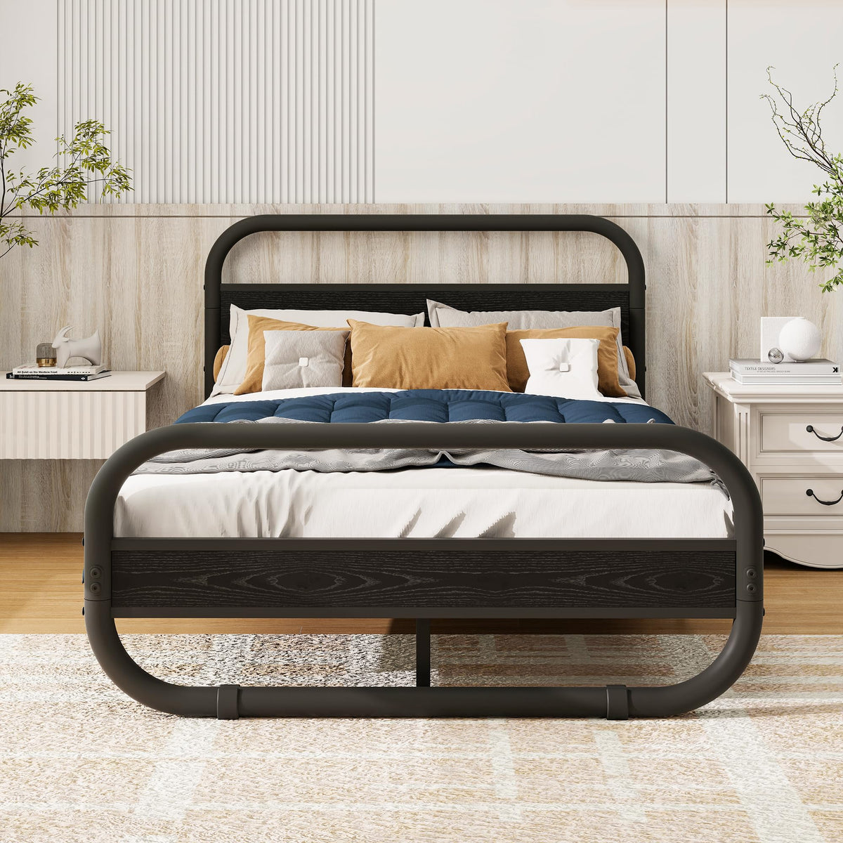 Diahomy Double Bed Frame with Headboard, Metal Platform Bed Frame with Wood Headboard/Mattress Base/Metal Slat Support/Underbed storage/Black Bed