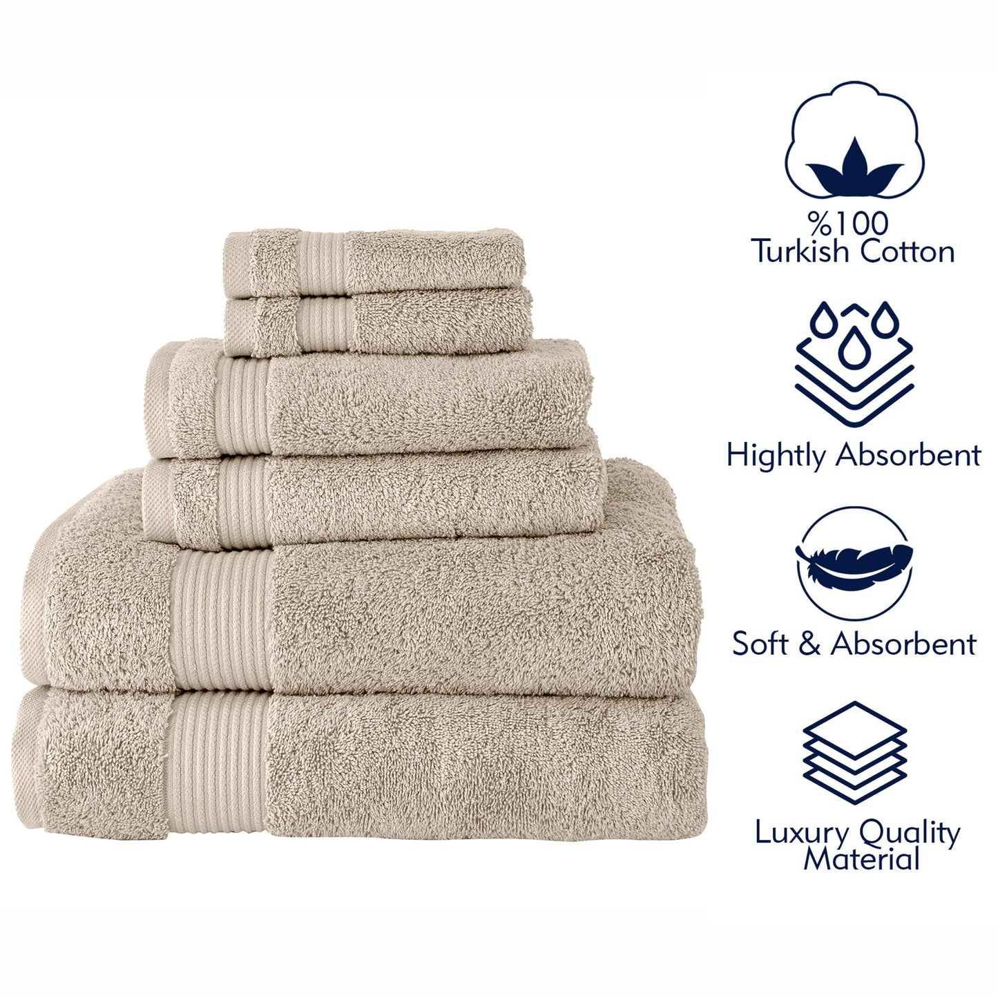 BERIBO Turkish Towel Set 100% Cotton (Serenity) 6 Pieces, 620gsm (Brown Rice)