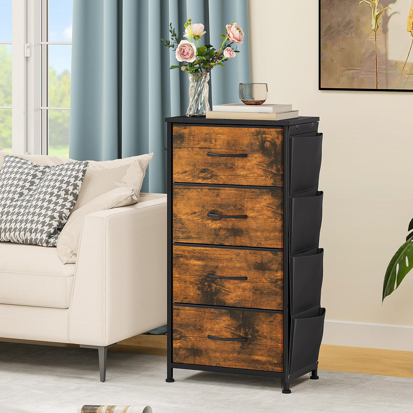 DWVO Narrow Chest of Drawers with 4 Drawers, Fabric Chest Drawers with Side Pocket&Hooks,Easy Pull Handle,Sturdy Steel Frame for Bedroom,Living