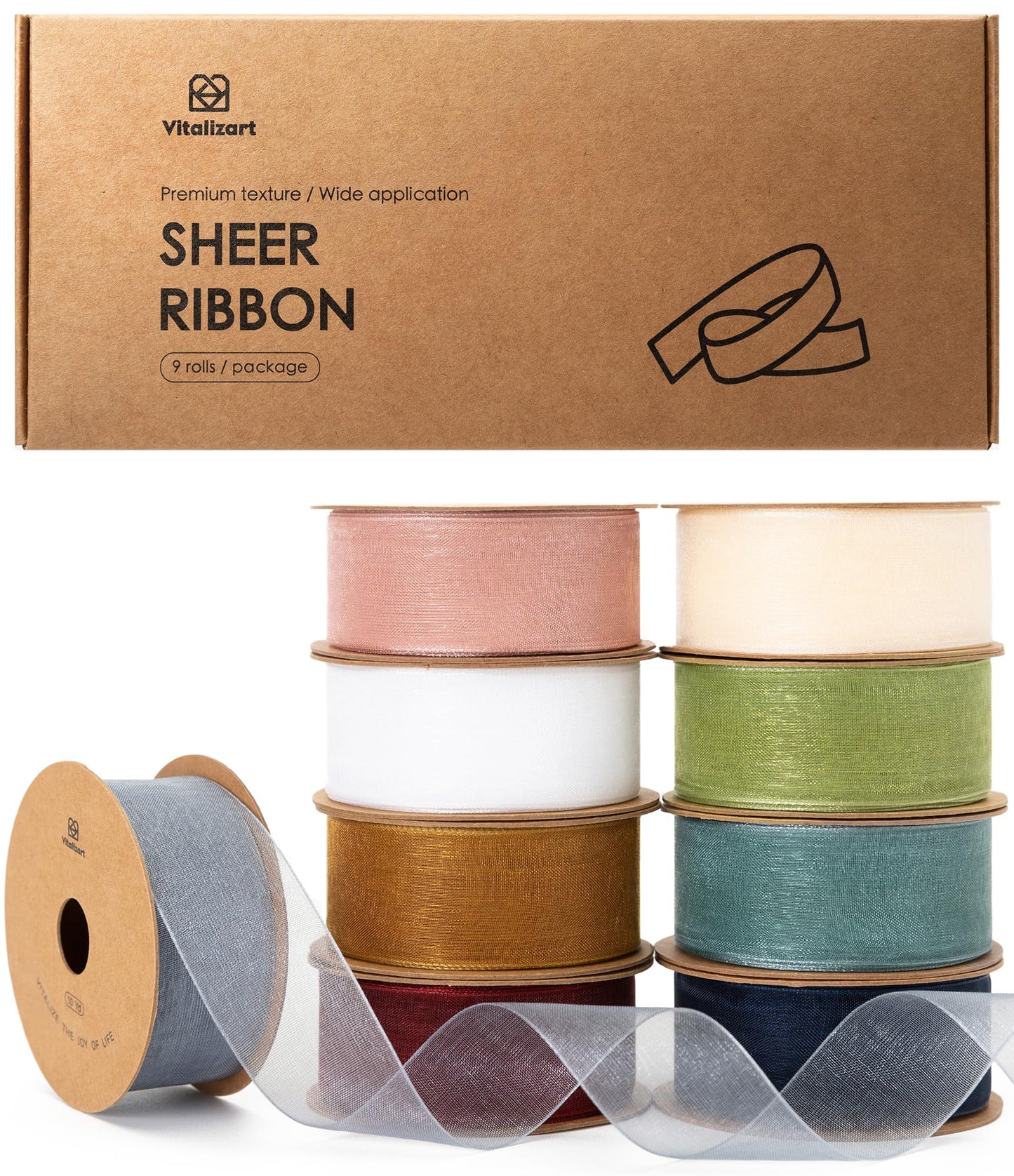 Vitalizart Organza Ribbon Mixed 9 Colours 1'' x 90YD, Sheer Fabric for Crafting 9 Rolls*10YD, Wide Gift Ribbon for Gift Wrapping, Christmas Tree,