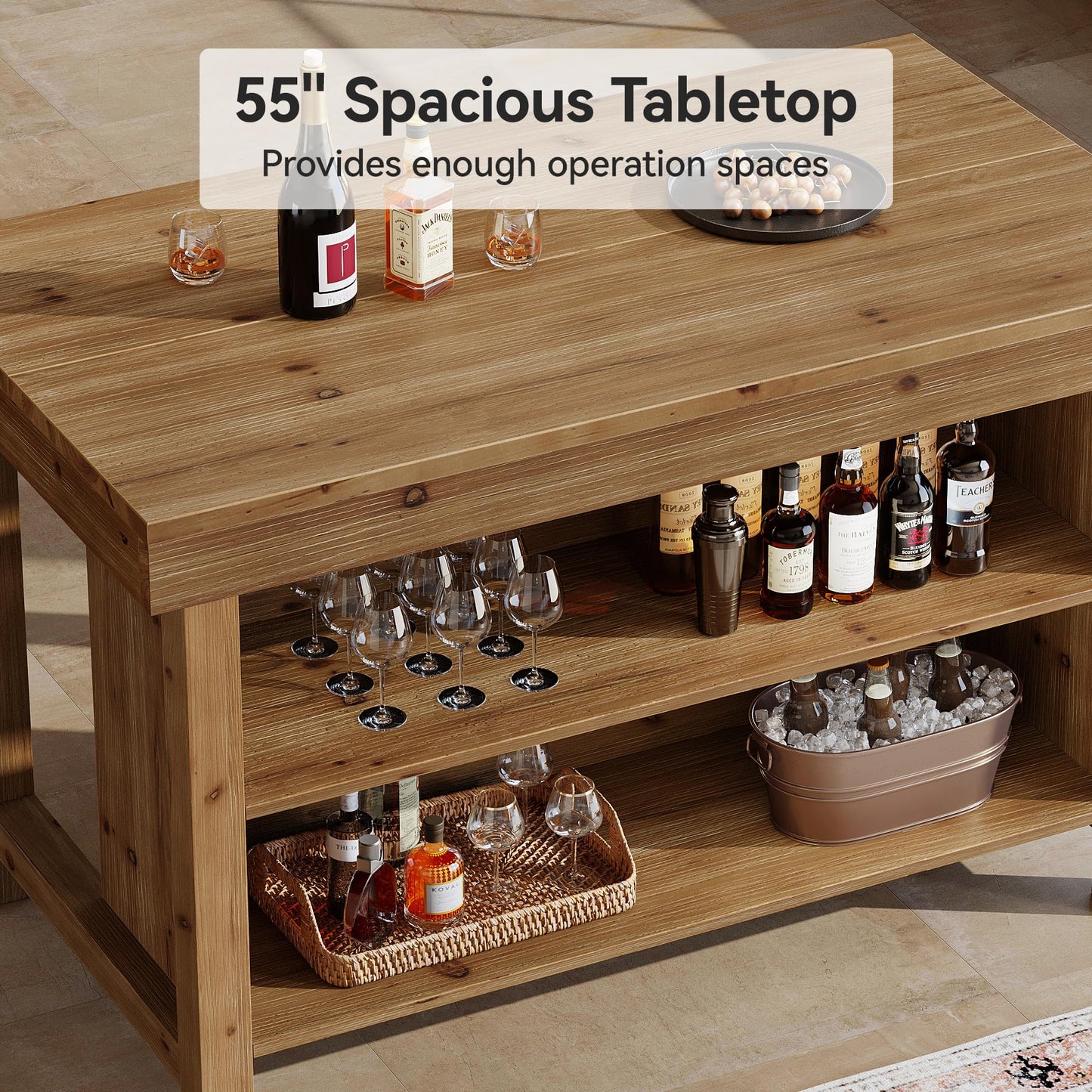TRIBEWOOD 55" Solid Wood Bar Table, 3-Tier Farmhouse Home Bar Unit with Open Storage, Counter Height Pub Dining Table for Kitchen, Living Room, Brown