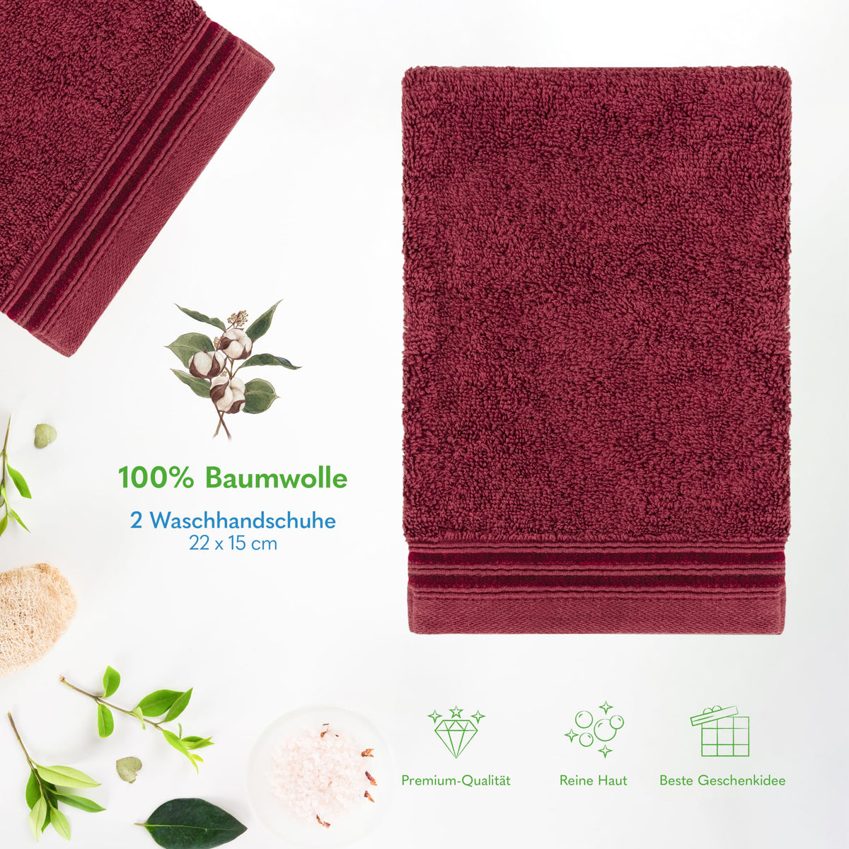 Hammetex Set of 2 Mini Hand Towels 15 x 22 cm, 100% Cotton with Wash Cloth, Terry Cloth, Super Fluffy Soft Quality, Durable, Bordeaux Red
