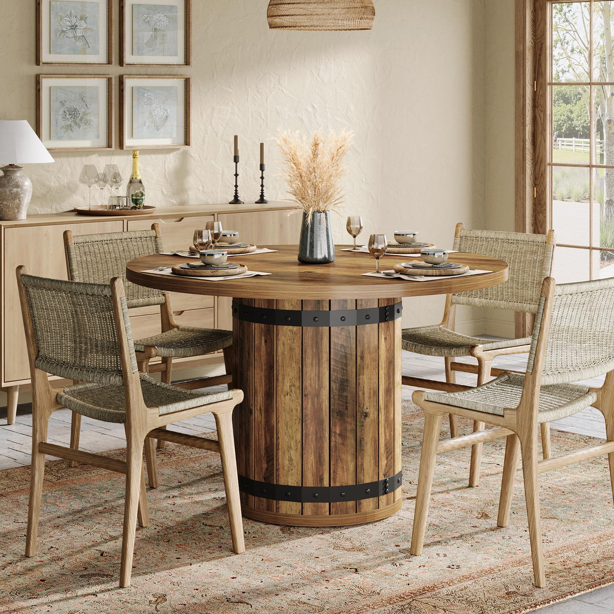 Tribesigns Round Dining Table for 4, 100cm Farmhouse Kitchen Table with Pedestal Base, Space-Saving Dinner Table for Small Dining Room, Living Room