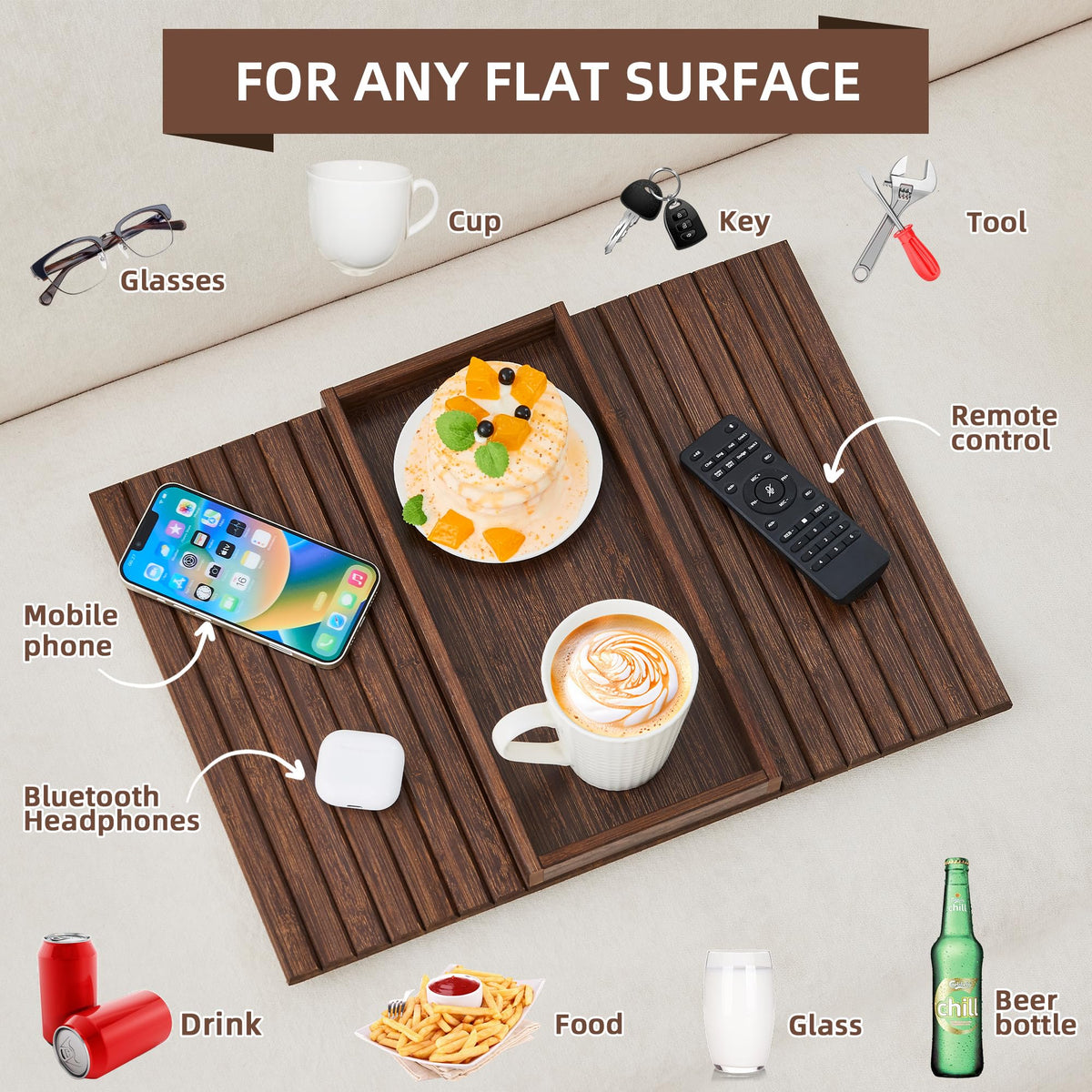 LOVYANXUE Couch Arm Tray, Anti-Falling Bamboo Sofa Armrest Tray Table, Foldable & Portable Armrest Cup Holder Side Table for Drinks, Coffee, Phone