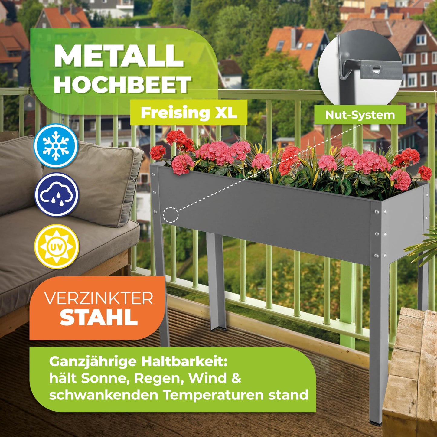 Bio Green MHF-XL 600 x 300 x 800 mm Large Freising Metal Raised Planting Bed - Grey
