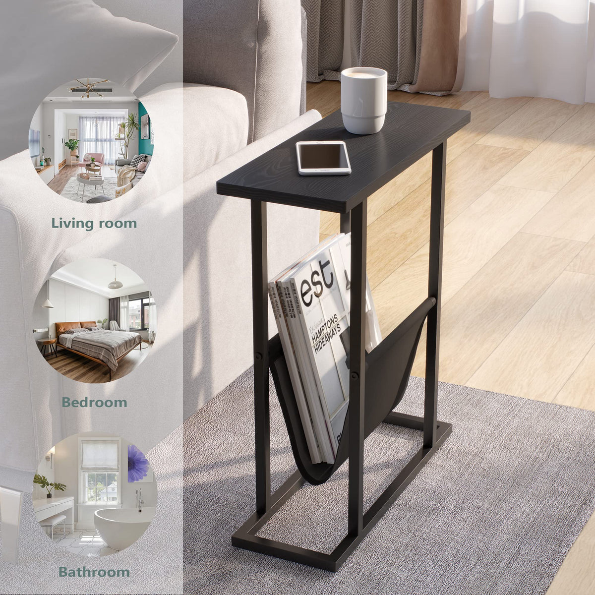 Yusong Small Narrow Side Table for Small Spaces, Slim End Table Magazine Table Nightstand with Storage Holder