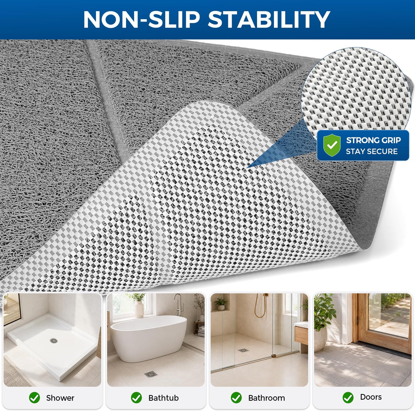 XIYUNTE Square Shower Mat Non Slip Anti Mould, Bath Mat with Heat-Pressed Edging 60x60cm, INCL. Hooks for Drying