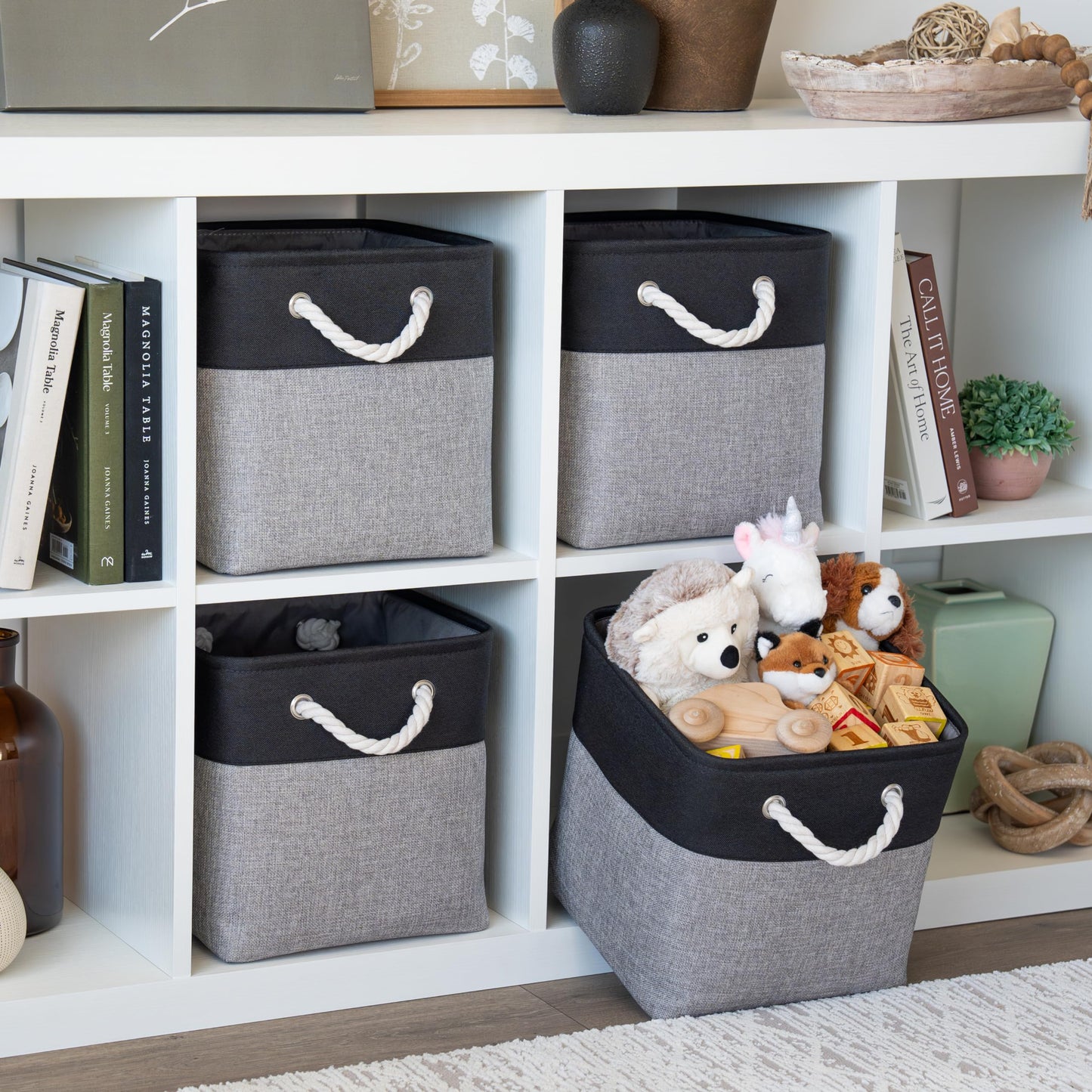 OrganiHaus Fabric Storage Boxes, Set of 3 Foldable 28x28 Cube Organiser Bins with Rope Handles for Shelves, Nursery & Closet