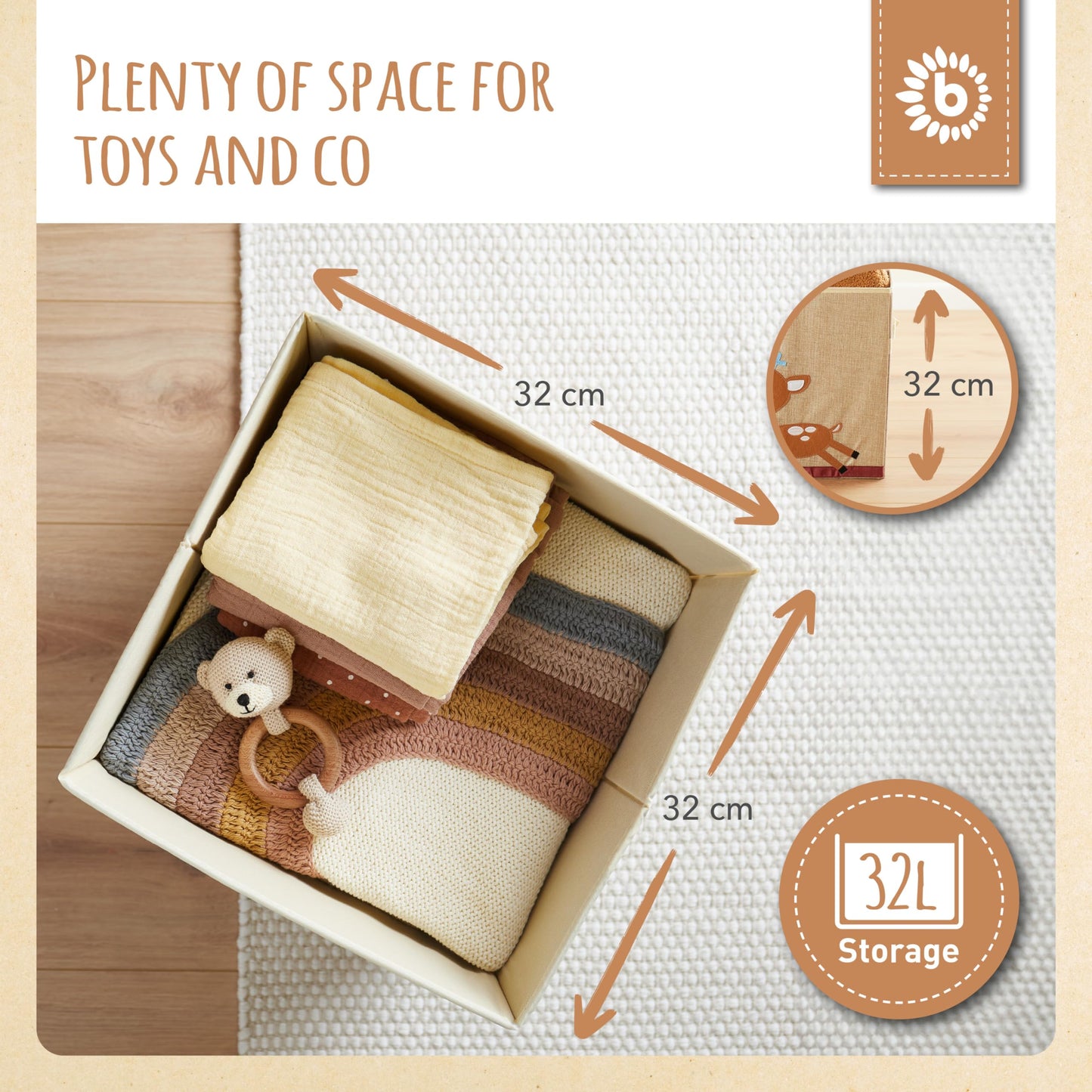 BIECO Kids Storage Box | Deer Design 36L Foldable Fabric Toy Box | Storage Cubes for Kallax Shelf | 33x33x33cm | Toy Organiser | Kallax Basket