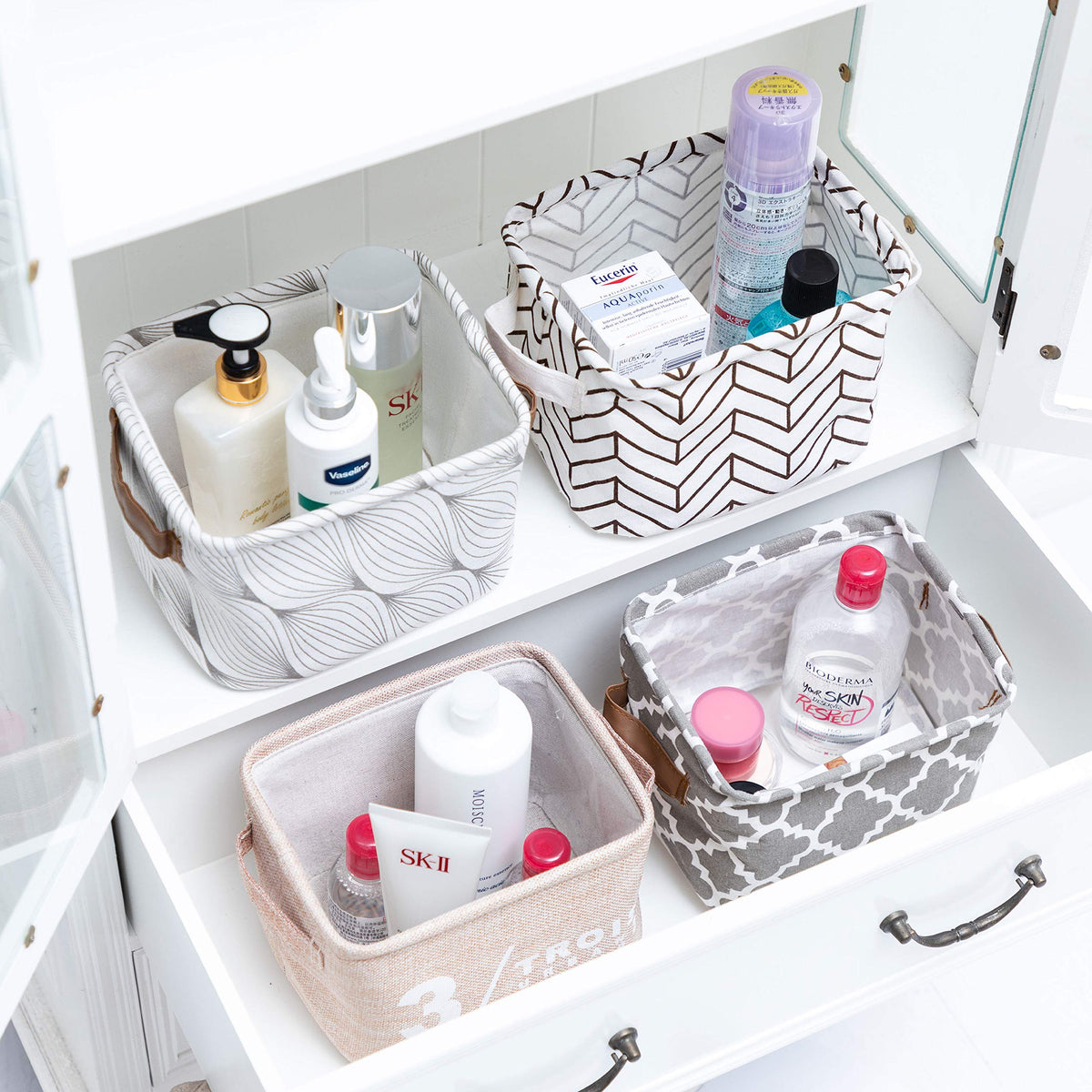 LessMo 4 Pack Storage Baskets, Collapsible Mini Storage Boxes, Canvas Fabric Waterproof Storage Bins made from Cotton and Linen, for Toys, Bathroom