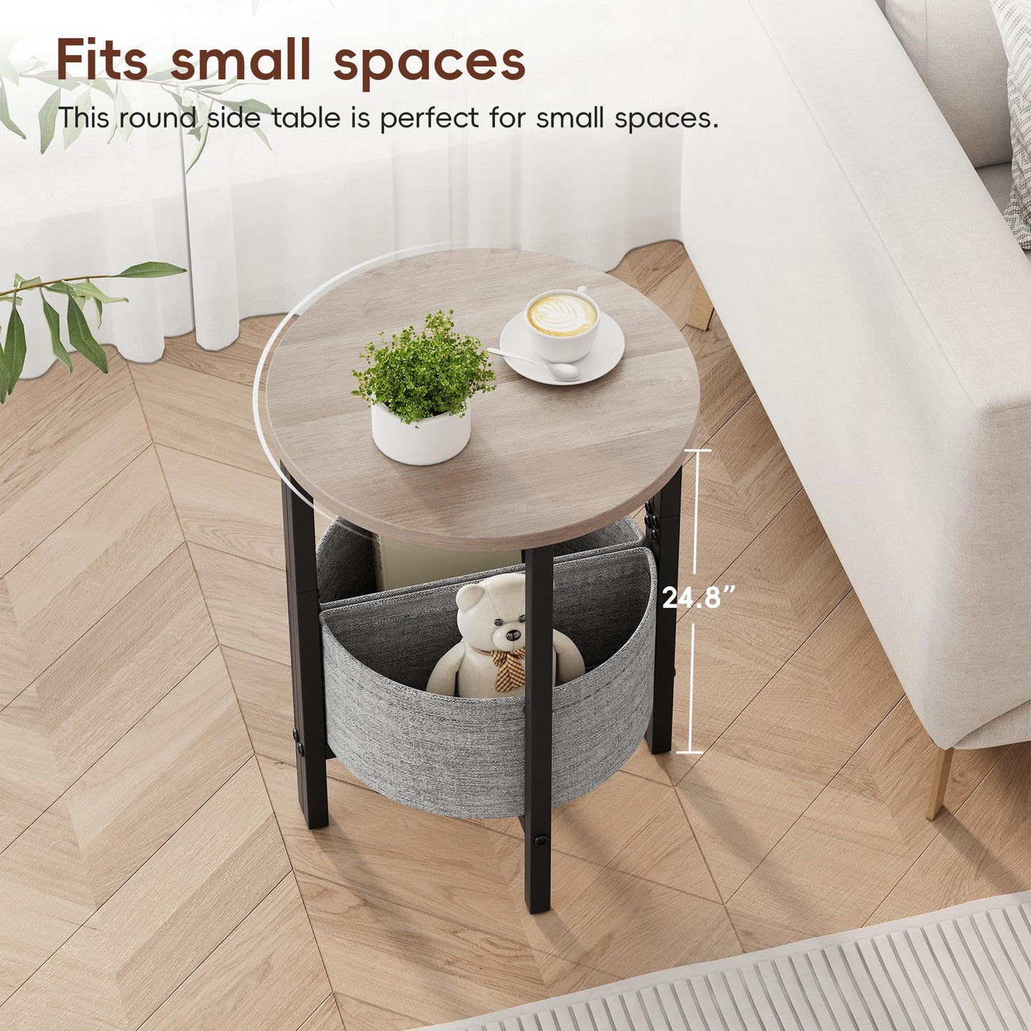 Vagusicc Side Table, Round End Table with Fabric Basket, Small Coffee Table, Set of 2 Half Moon Entry Table, Accent Table Bedside Table