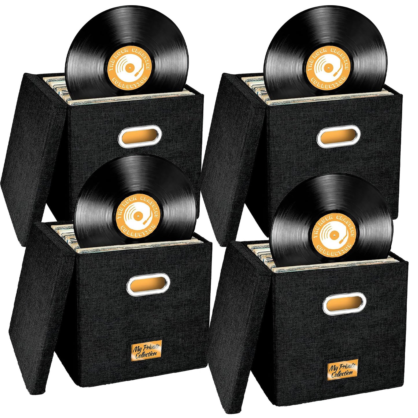 4 PCS 12-inch Vinyl Record Storage Box,Folding LP Case with Lid & Handle