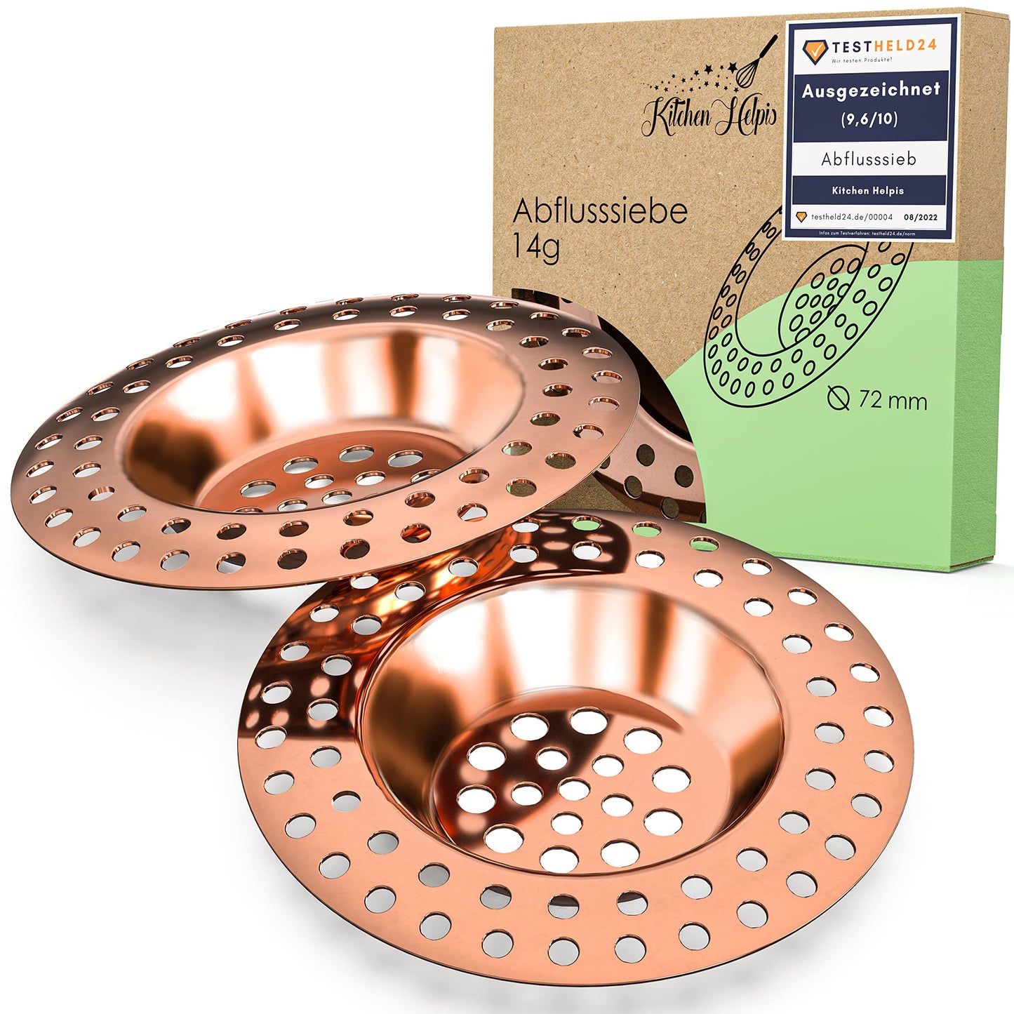 Kitchen Helpis? 2x sink strainer coppery suitable for ALL DRAINS, extra heavy -0.04 oz-, no floating up, made of SS304 stainless steel, drains