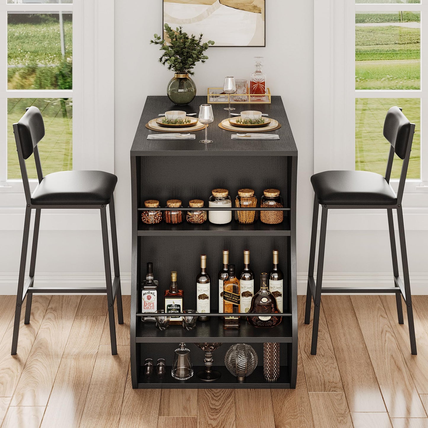 Feonase 3-Piece Bar Table Set, Bar Table with Bar Stools, 2-Tier Storage Shelves & Wine Rack, Bistro Table with 2 Chairs for Dining Room, Black