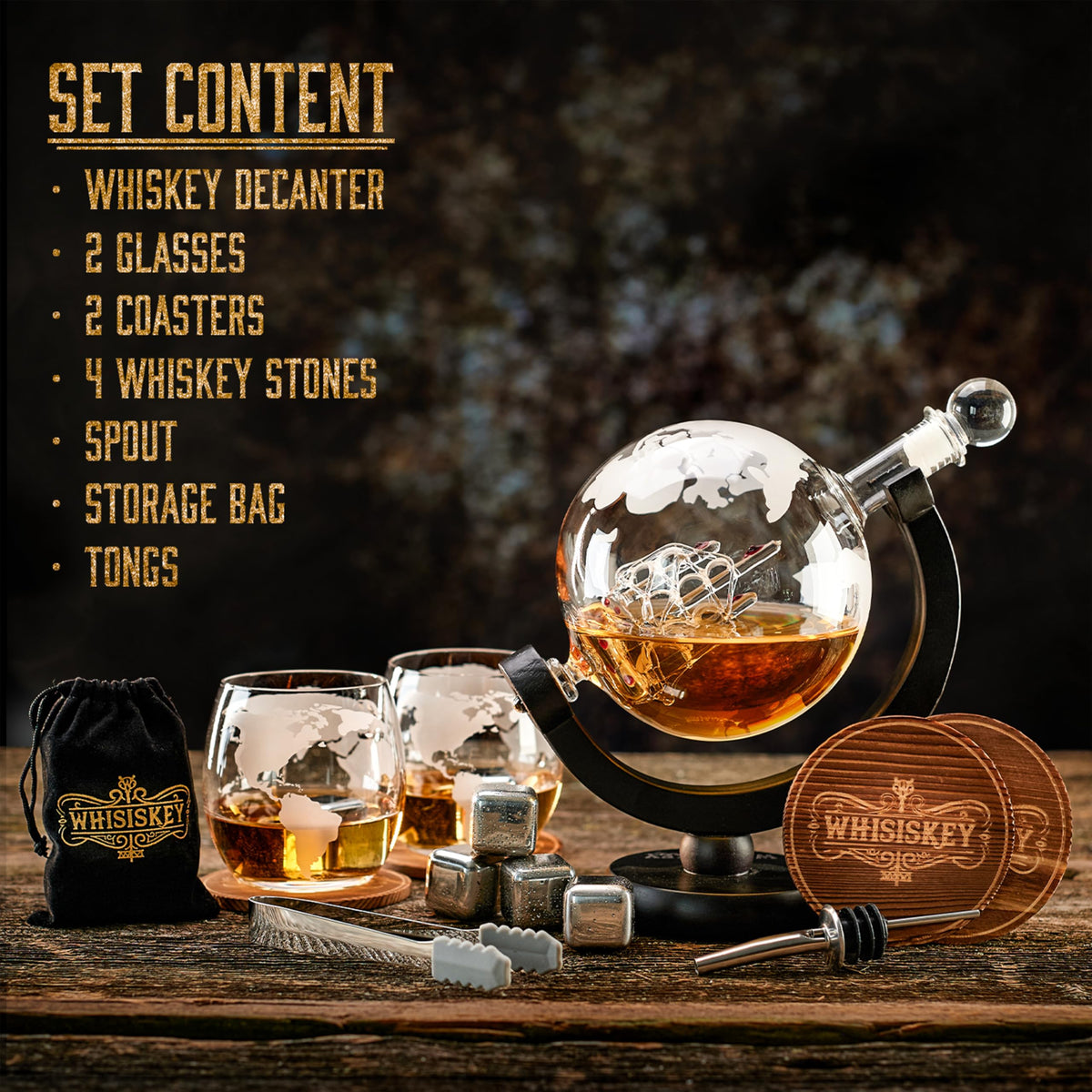WHISISKEY - Whiskey Decanter Set - 900ML Globe Carafe - Whiskey Gift Sets for Men - Whisky Set - Glass Gifts for Men - Inc. 2 Whiskey Glasses, 4