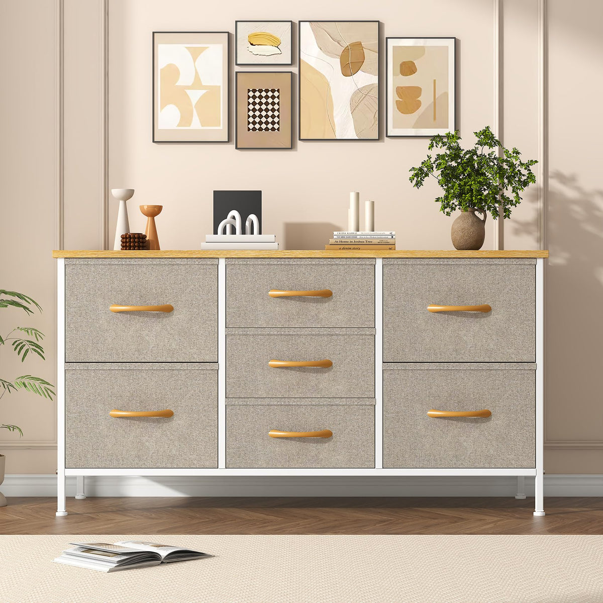 Feonase Chest of Drawers,Bedroom Dresser with 7 Fabric Drawers, Metal Frame & MDF Wood Top, Adjustable Feet, Storage Organizer Unit for Bedroom,