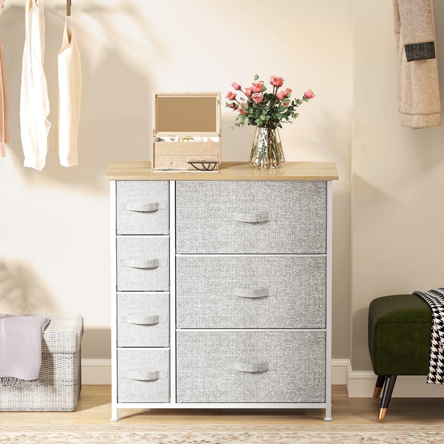 DWVO Chest of Drawers,Fabric Chest of Drawers for Bedroom, Cabinet with 7 Drawers,Dresser for Bedroom,Living Room With Handles,Wood Top and Sturdy