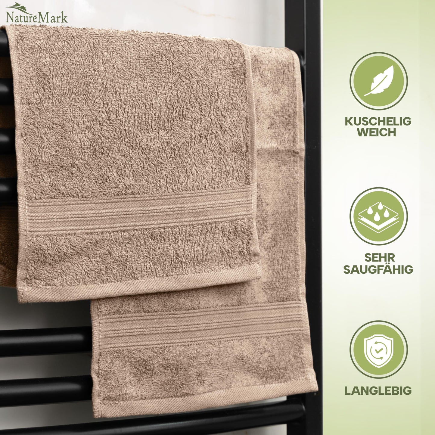 NatureMark Pack of 12 Guest Towels, 30 x 50 cm, 100% Cotton, Sand