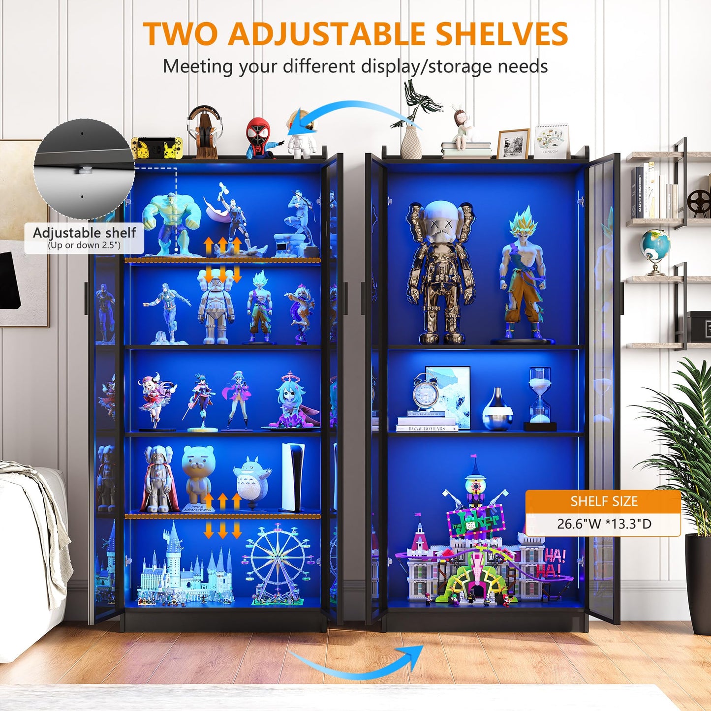 FREDEES LED Display Cabinet with 2 Doors and Adjustable Shelf, 165CM, Black