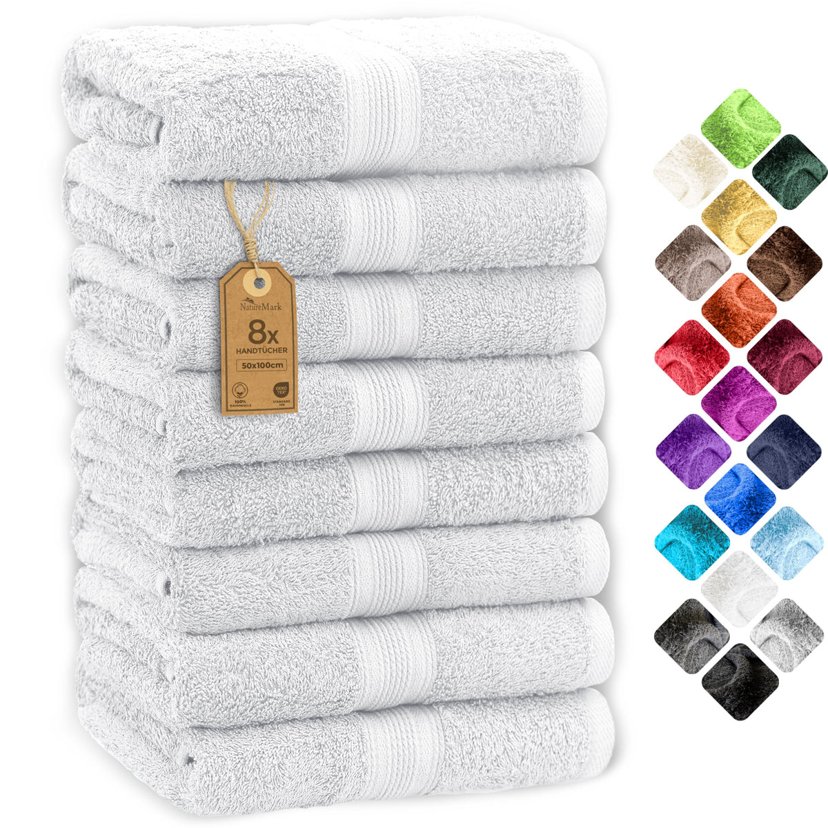 NatureMark 8 Hand Towels Set - 100% Cotton - Soft and Absorbent Bathroom Towels, Durable and Comfortable, Size 50 x 100 cm, White