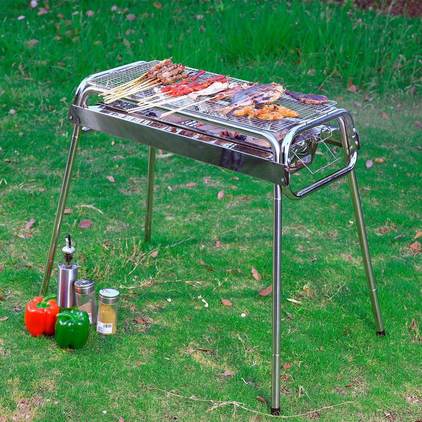 Uten Barbecue Grill, 430 Rustproof Stainless Steel Barbecue Grill, Two Heights Adjustable, Outdoor Charcoal BBQ for 5-10 Persons Family Picnic Garden