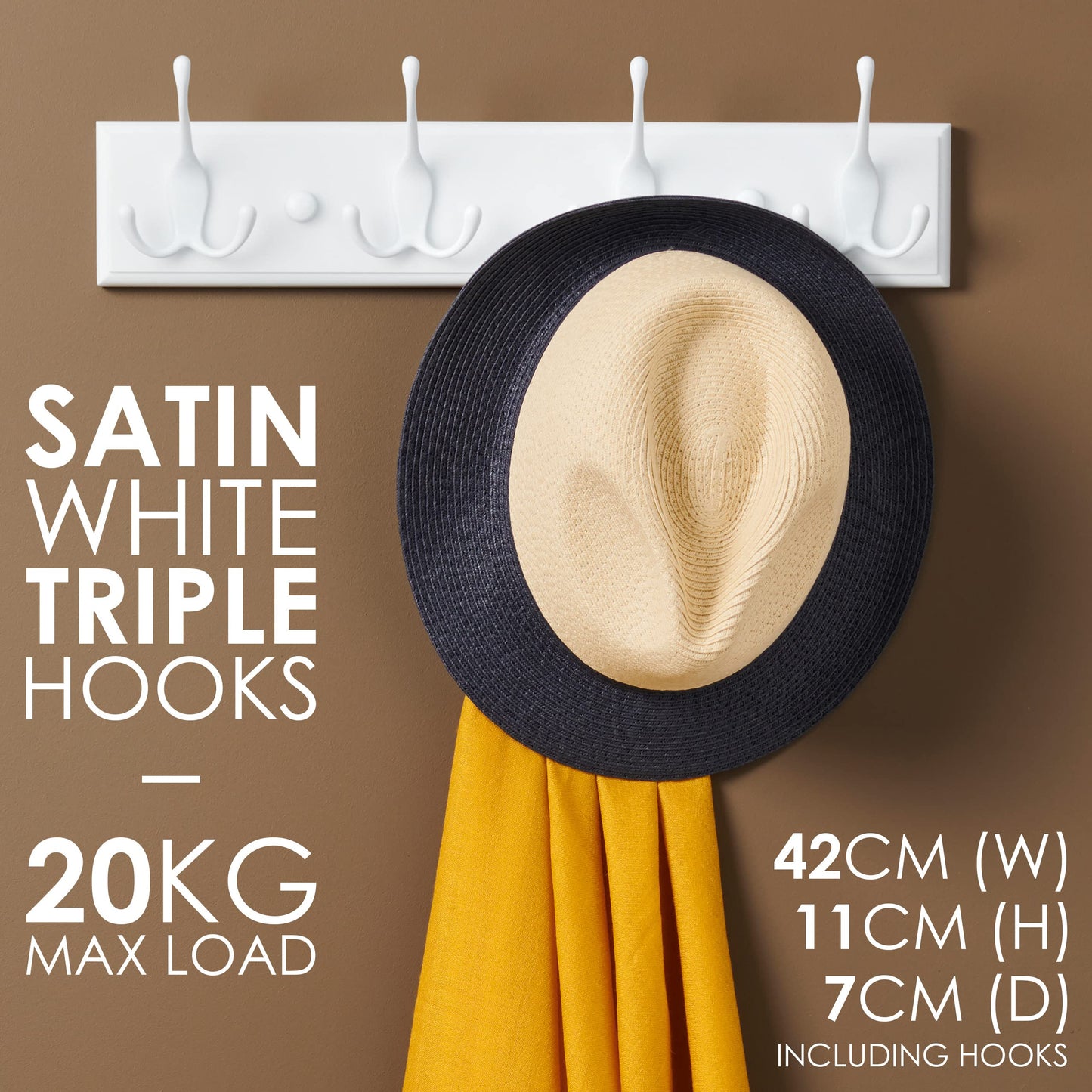 LARHN White Wall-Mounted Coat Rack - 4 White Coat Hooks, 42cm