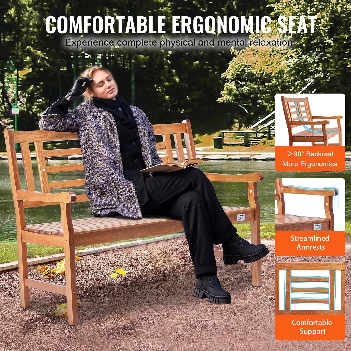 VEVOR Outdoor Bench - 48" Wood Garden Bench with Backrest & Armrests, 700 lbs Capacity, Perfect for Garden, Park, Yard & Porch