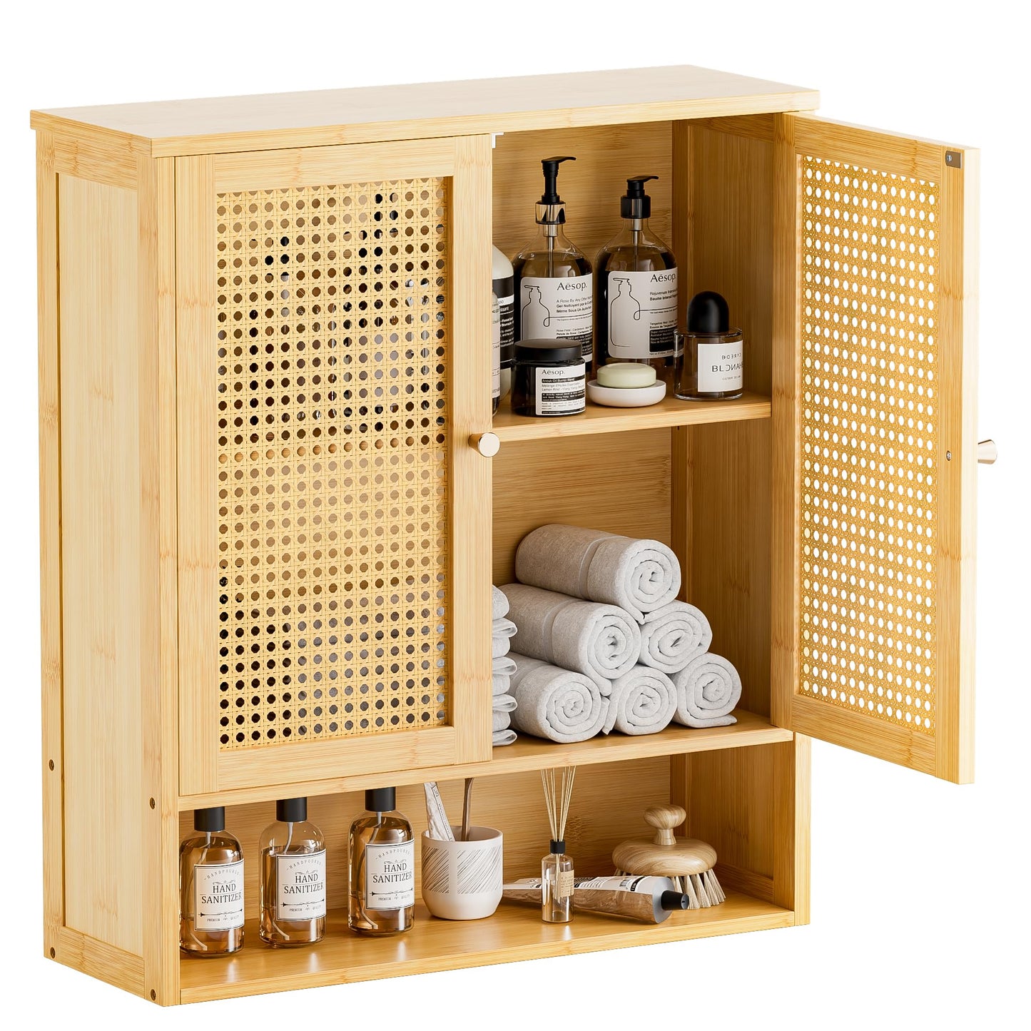 HITNET Rattan Bathroom Wall Cabinet, Bamboo Medicine Hanging Cabinet with Double Doors and Adjustable Shelves, Over the Toilet Storage Cabinet for