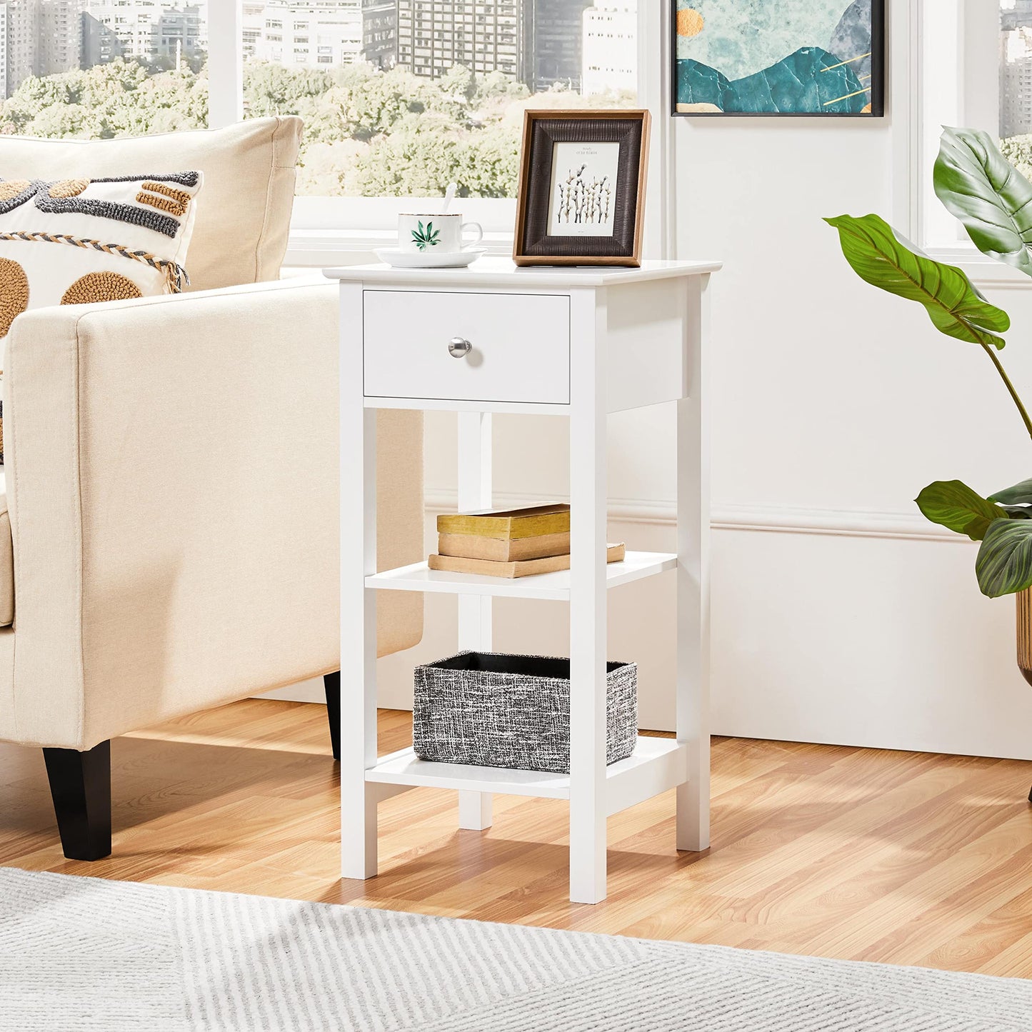 Yaheetech Bedside Table with Drawer and 2 Open Shelves, White
