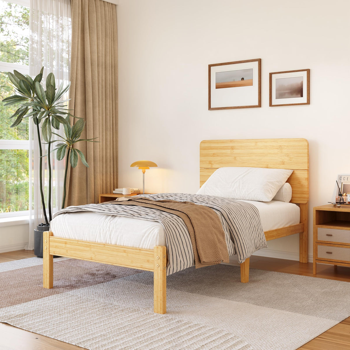Hunlostten Wooden Single Bed Frame with Headboard - Bamboo Wood Platform Bed Frame with Metal Slats Support and Underbed Storage Bedroom Furniture