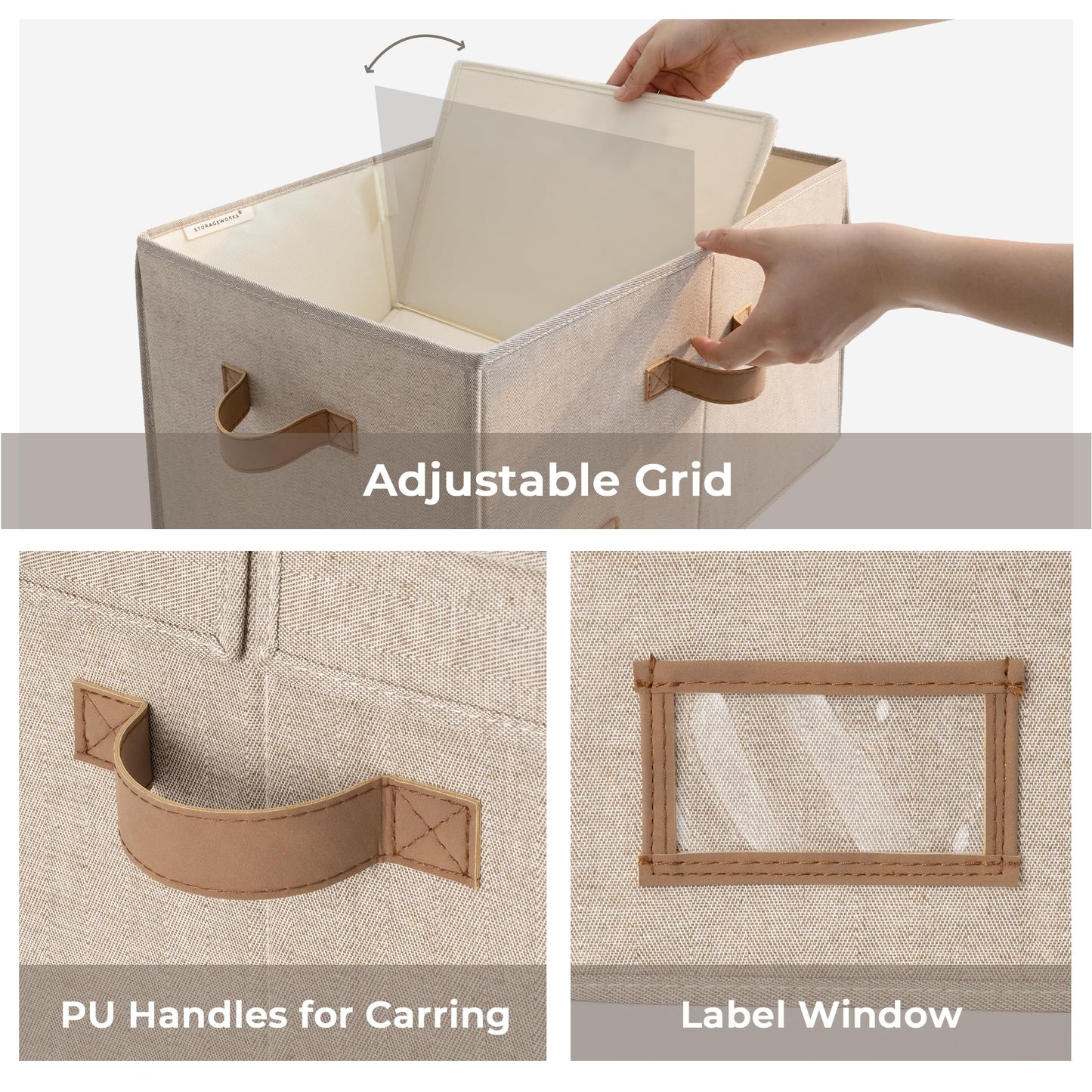 StorageWorks Large Fabric Storage Boxes with Lids, Foldable Storage Boxes with Lids and Divider Boards, Wardrobe Storage Organisers for Clothes