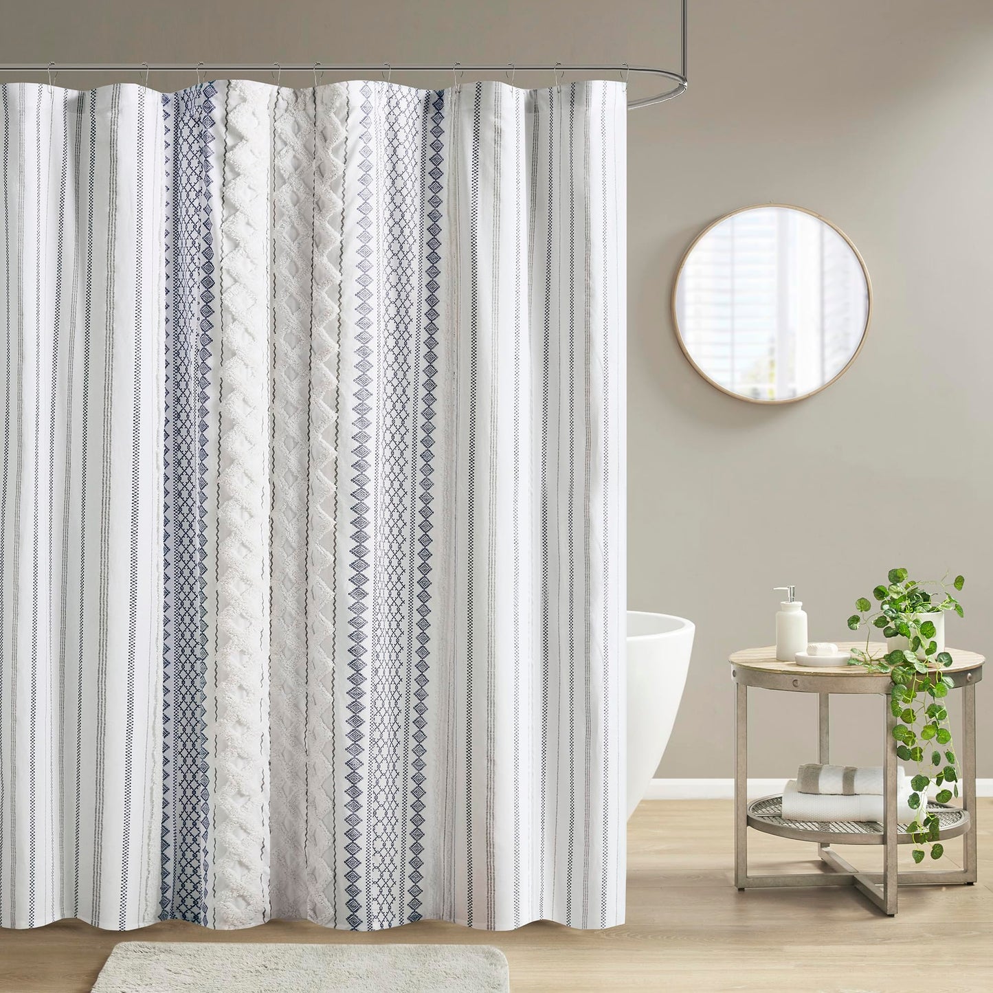 INK+IVY Tufted Chenille 100% Cotton Shower Curtains Machine Washable, Modern Home Bathroom D?cor Bathtub Privacy Screen, 72" W x 72" L, White/Navy
