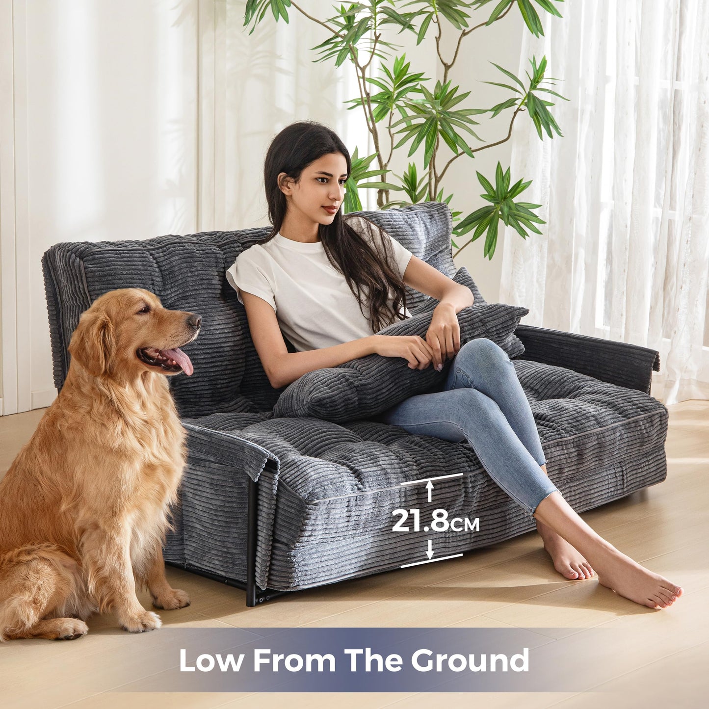 MAXYOYO Adjustable Floor Sofa Couch with 2 Pillows, Multi-Functional Bean Bag Bed, 5-Position Foldable Lazy Sofa Sleeper Bed with Armrest