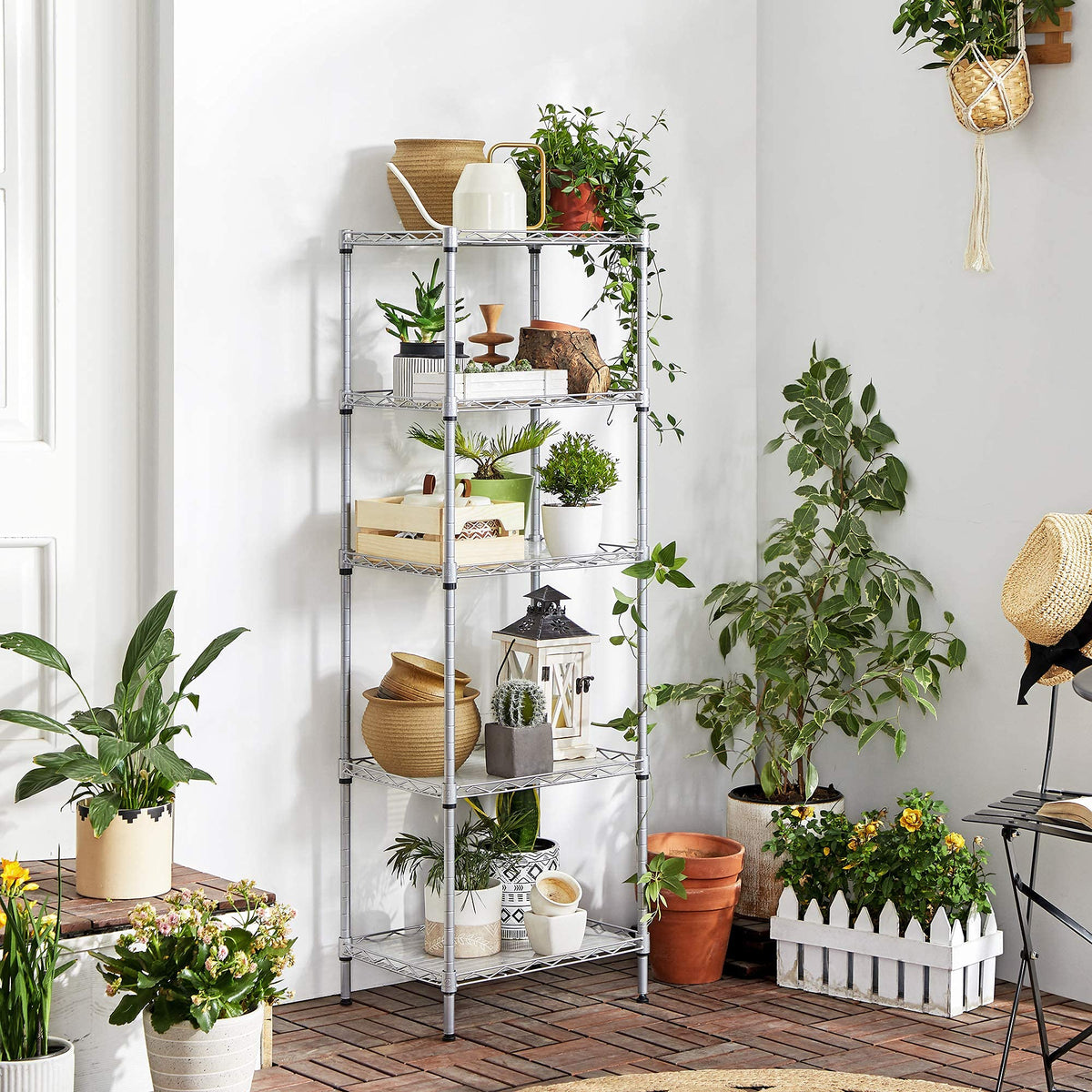 SONGMICS Kitchen Shelf, 5 Tier Thin Storage Shelf, 8 Hooks, Bathroom Cabinet, Plastic Board, Height-Adjustable, Metal, for Kitchen, Silver LGR115E01
