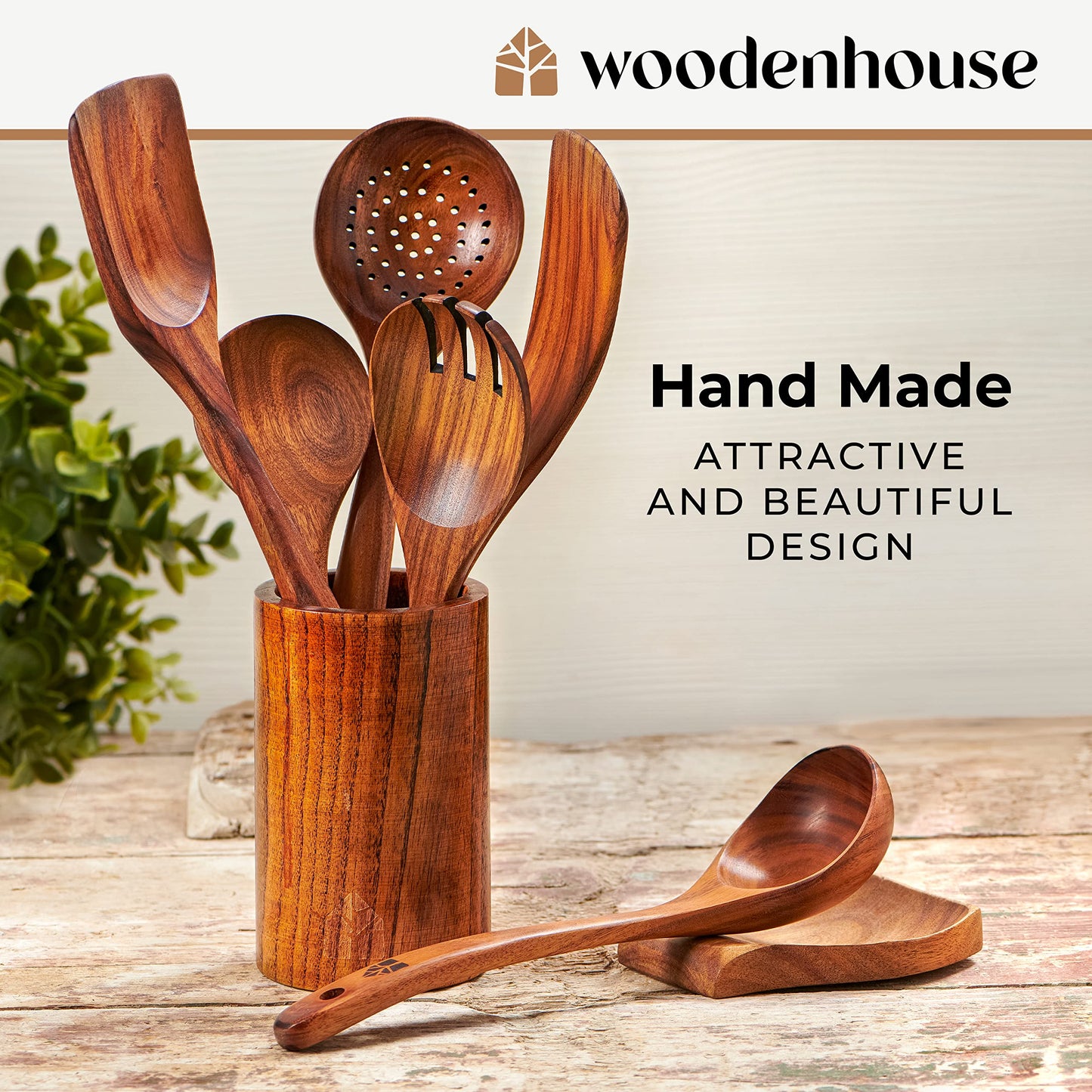 Wooden Spoons for Cooking  Wooden Utensils for Cooking Set with Holder, Spoon Rest & Hanging Hooks, Teak Wood Nonstick Kitchen Cookware  Durable Set