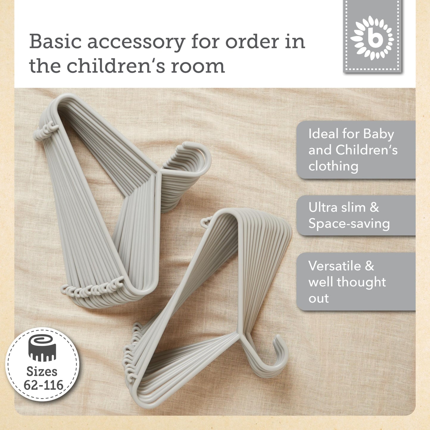 Bieco Children's Clothes Hangers 32 Pcs Grey | Length approx. 30 cm | Baby Clothes Hangers | Kids Coat | Baby | Organiser | Dividers