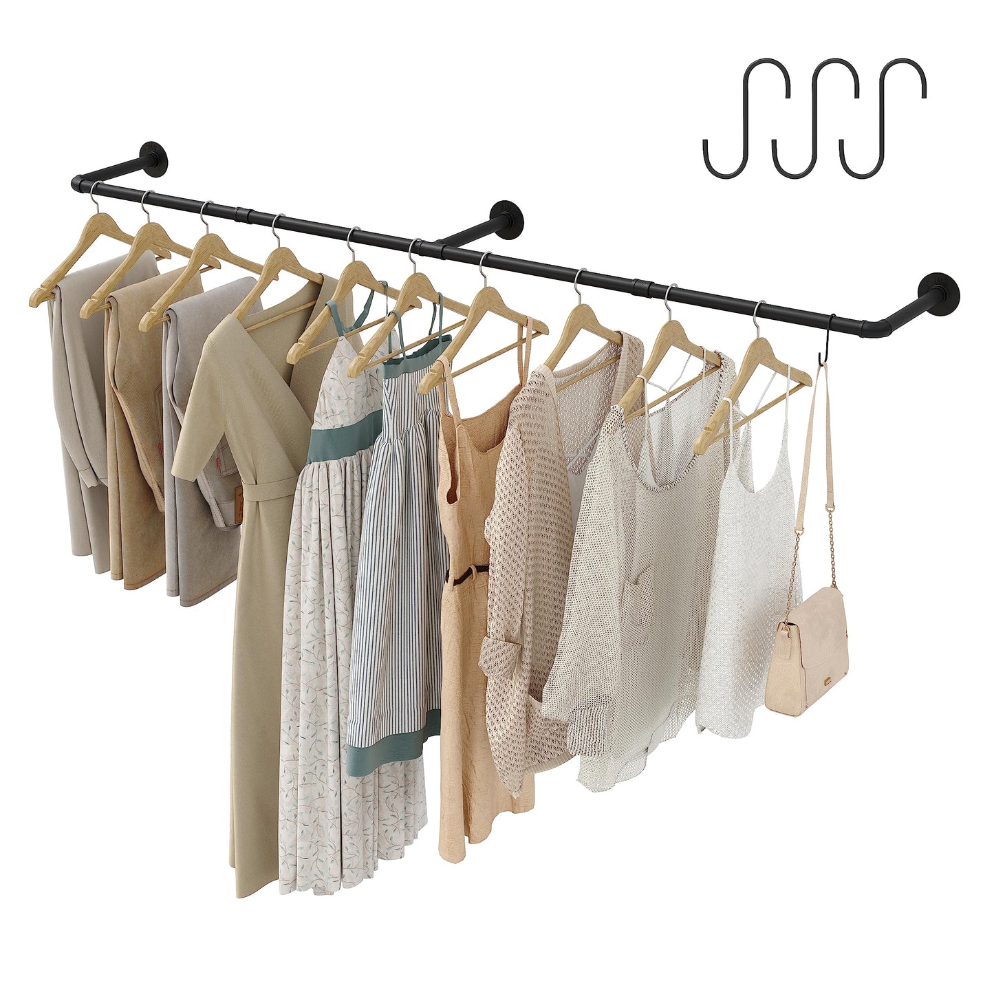 Crehomfy Industrial Pipe Clothes Rack with 3 Hooks, 72’'L Wall Mounted Garment Rack, Heavy Duty Iron Garment Bar